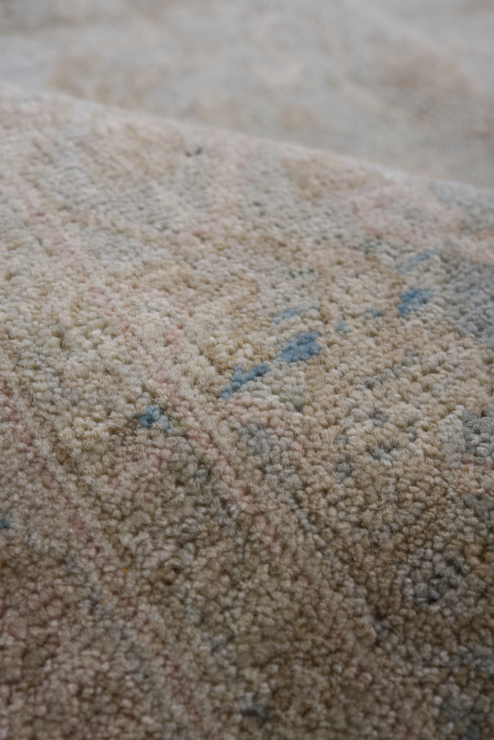 8' x 11' one-of-a-kind handmade vintage Afghan large size rug. Color palette: pale blue, blush, ivory, taupe, sage, beige