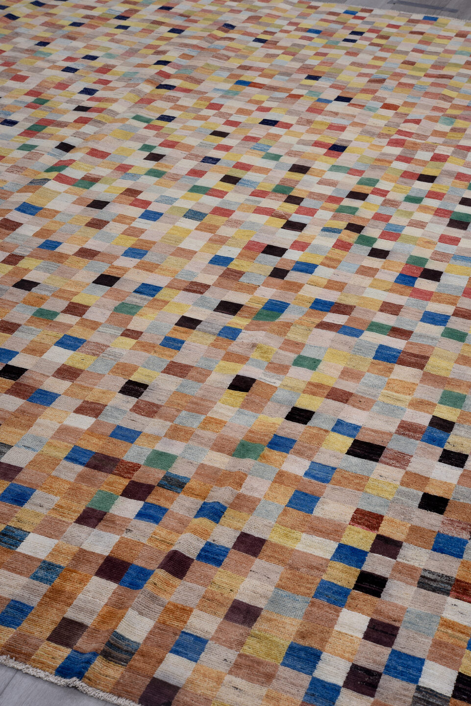 8' x 11' one-of-a-kind handmade vintage Afghan large size rug. Color palette: terra cotta, ivory, camel, gold, slate, teal