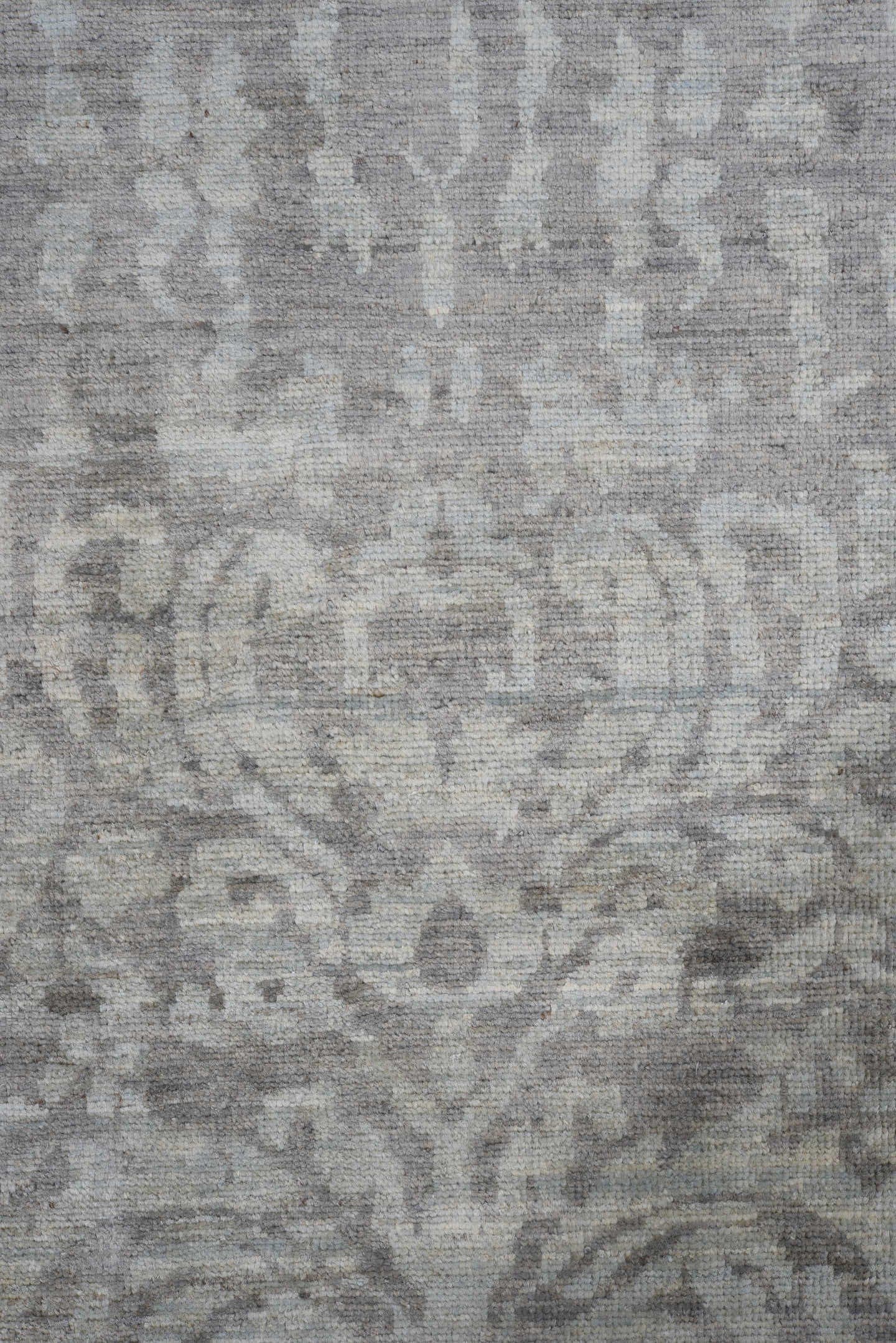 9' x 12' one-of-a-kind handmade vintage Afghan large size rug. Color palette: gray, ivory, blue, silver