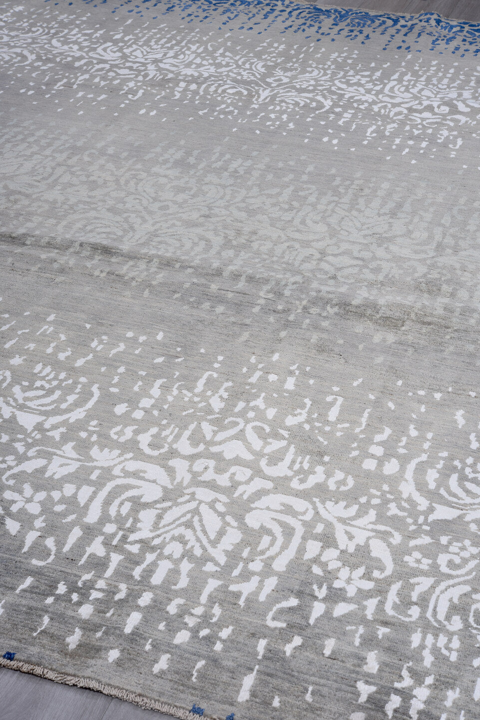 9' x 12' one-of-a-kind handmade vintage Afghan large size rug. Color palette: gray, ivory, blue, silver