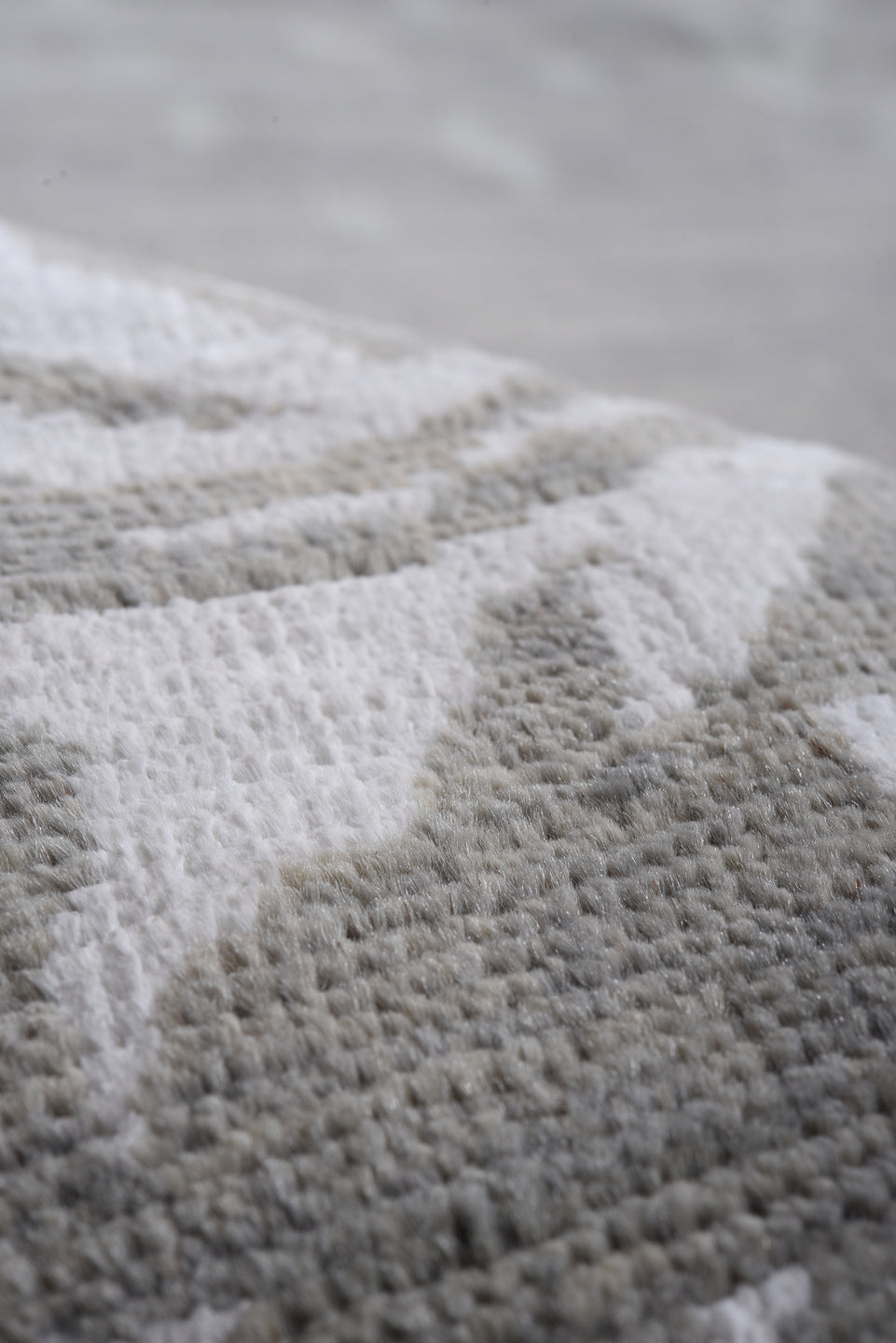 9' x 12' one-of-a-kind handmade vintage Afghan large size rug. Color palette: gray, ivory, blue, silver