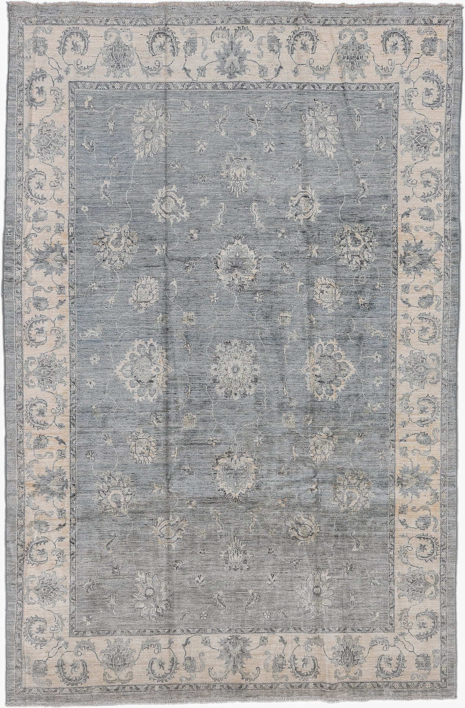 6' x 10' one-of-a-kind handmade vintage Afghan large size rug. Color palette: slate, ivory, silver, taupe, charcoal, gray