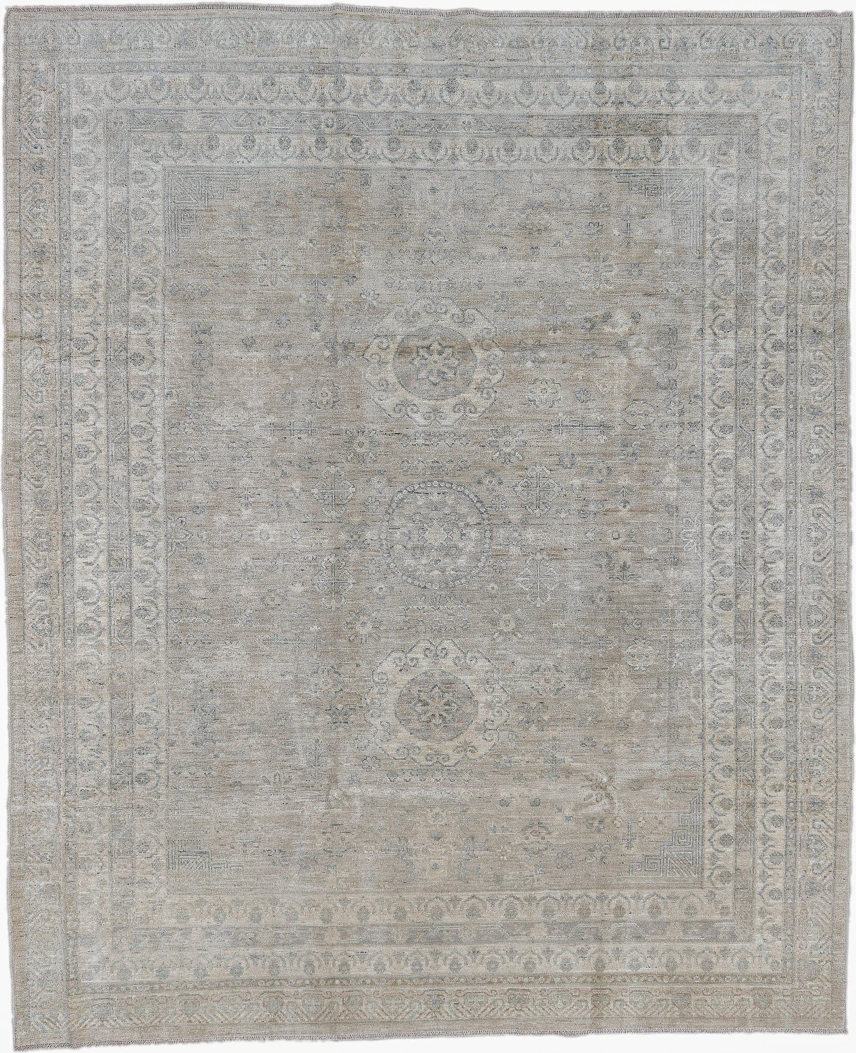 7' x 9' one-of-a-kind handmade vintage Afghan large size rug. Color palette: ivory, taupe, pale blue, beige, gray