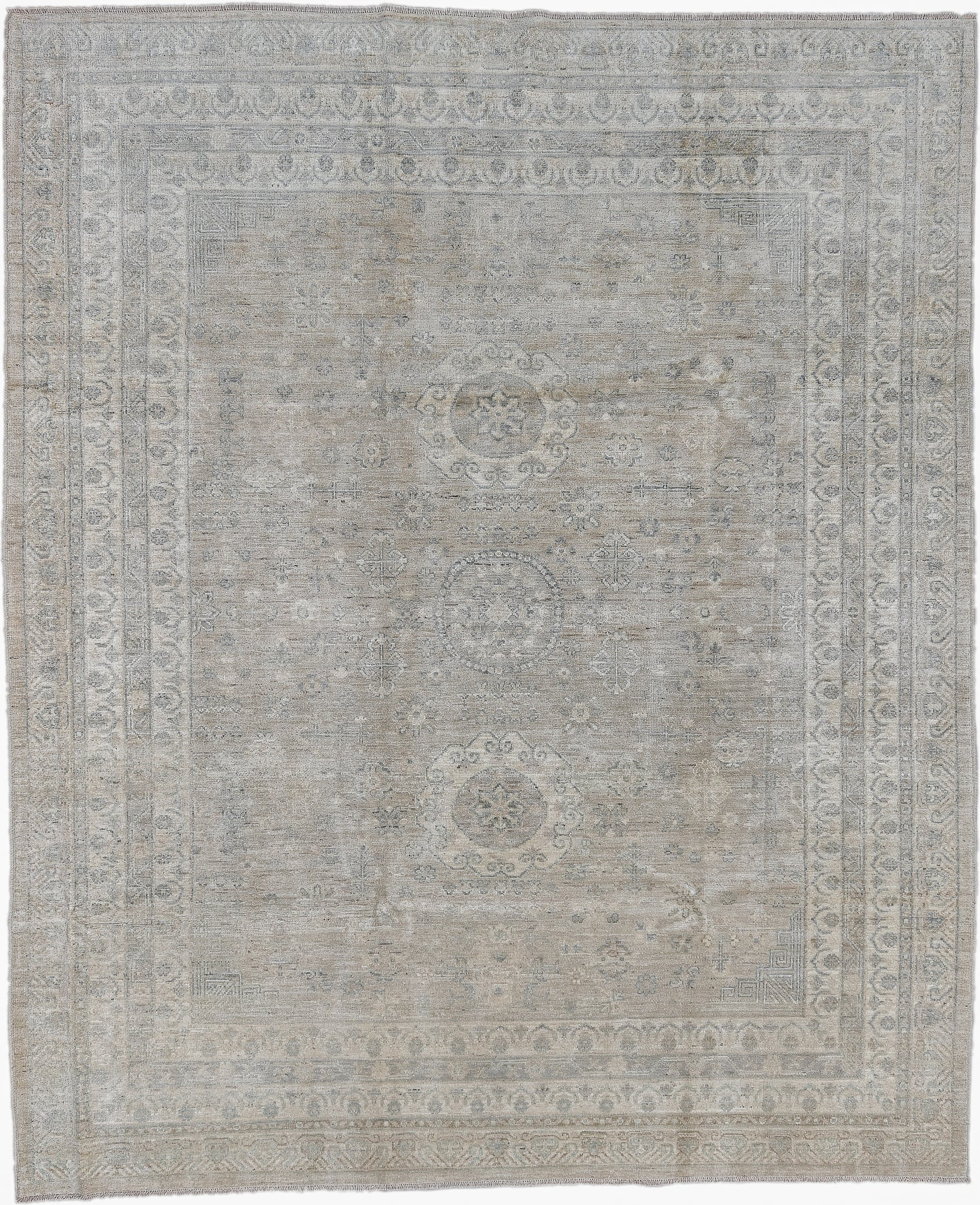 7' x 9' one-of-a-kind handmade vintage Afghan large size rug. Color palette: ivory, taupe, pale blue, beige, gray