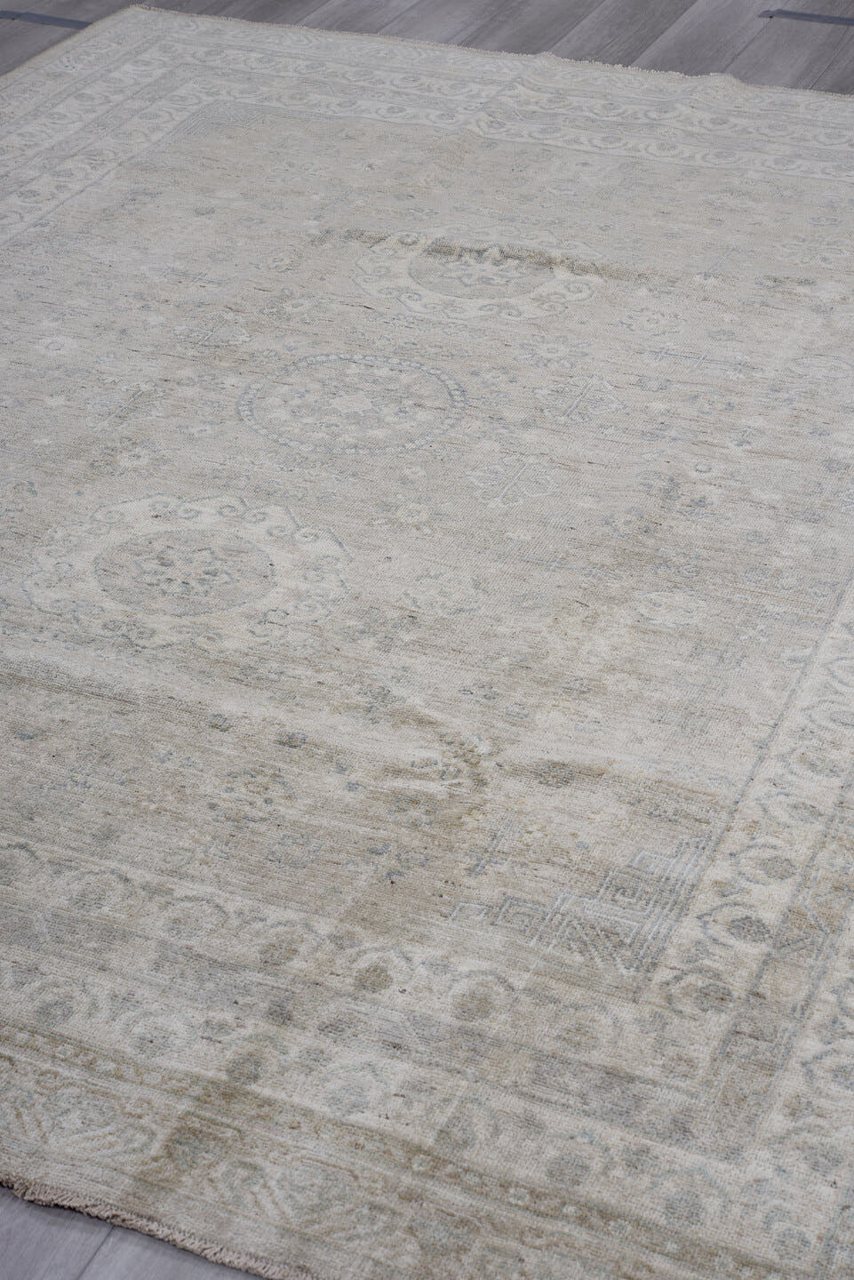 7' x 9' one-of-a-kind handmade vintage Afghan large size rug. Color palette: ivory, taupe, pale blue, beige, gray