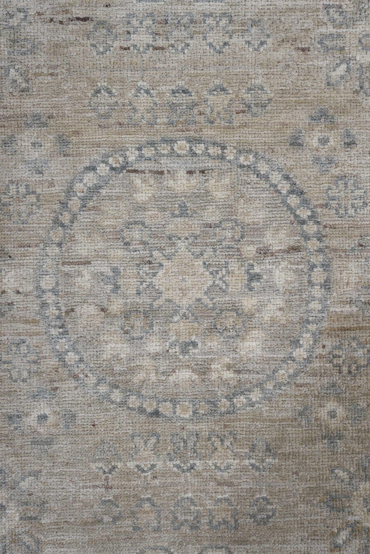 7' x 9' one-of-a-kind handmade vintage Afghan large size rug. Color palette: ivory, taupe, pale blue, beige, gray