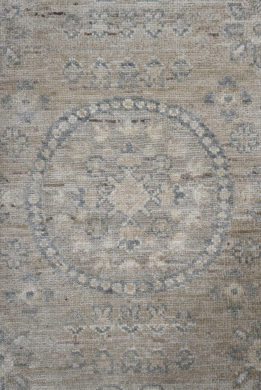 7' x 9' one-of-a-kind handmade vintage Afghan large size rug. Color palette: ivory, taupe, pale blue, beige, gray
