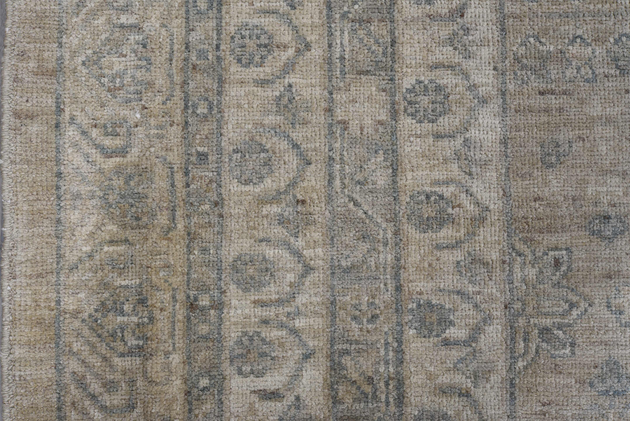 7' x 9' one-of-a-kind handmade vintage Afghan large size rug. Color palette: ivory, taupe, pale blue, beige, gray