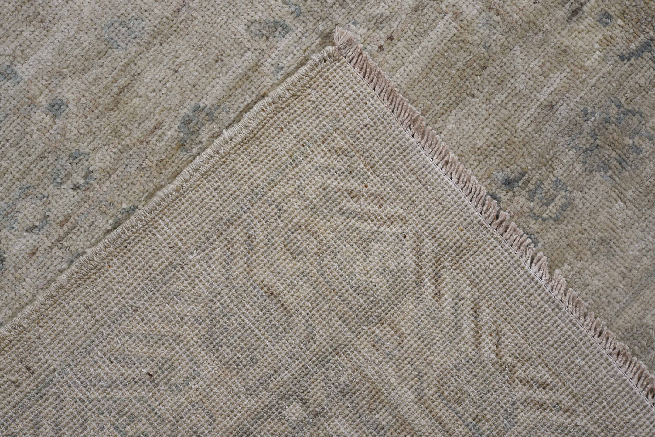 7' x 9' one-of-a-kind handmade vintage Afghan large size rug. Color palette: ivory, taupe, pale blue, beige, gray