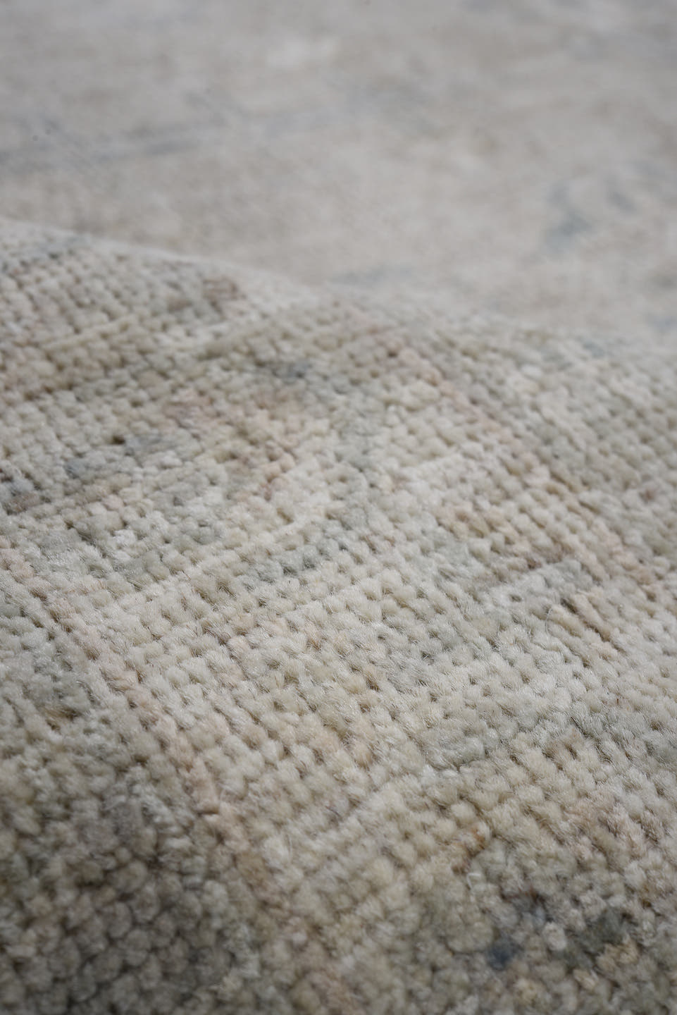 7' x 9' one-of-a-kind handmade vintage Afghan large size rug. Color palette: ivory, taupe, pale blue, beige, gray