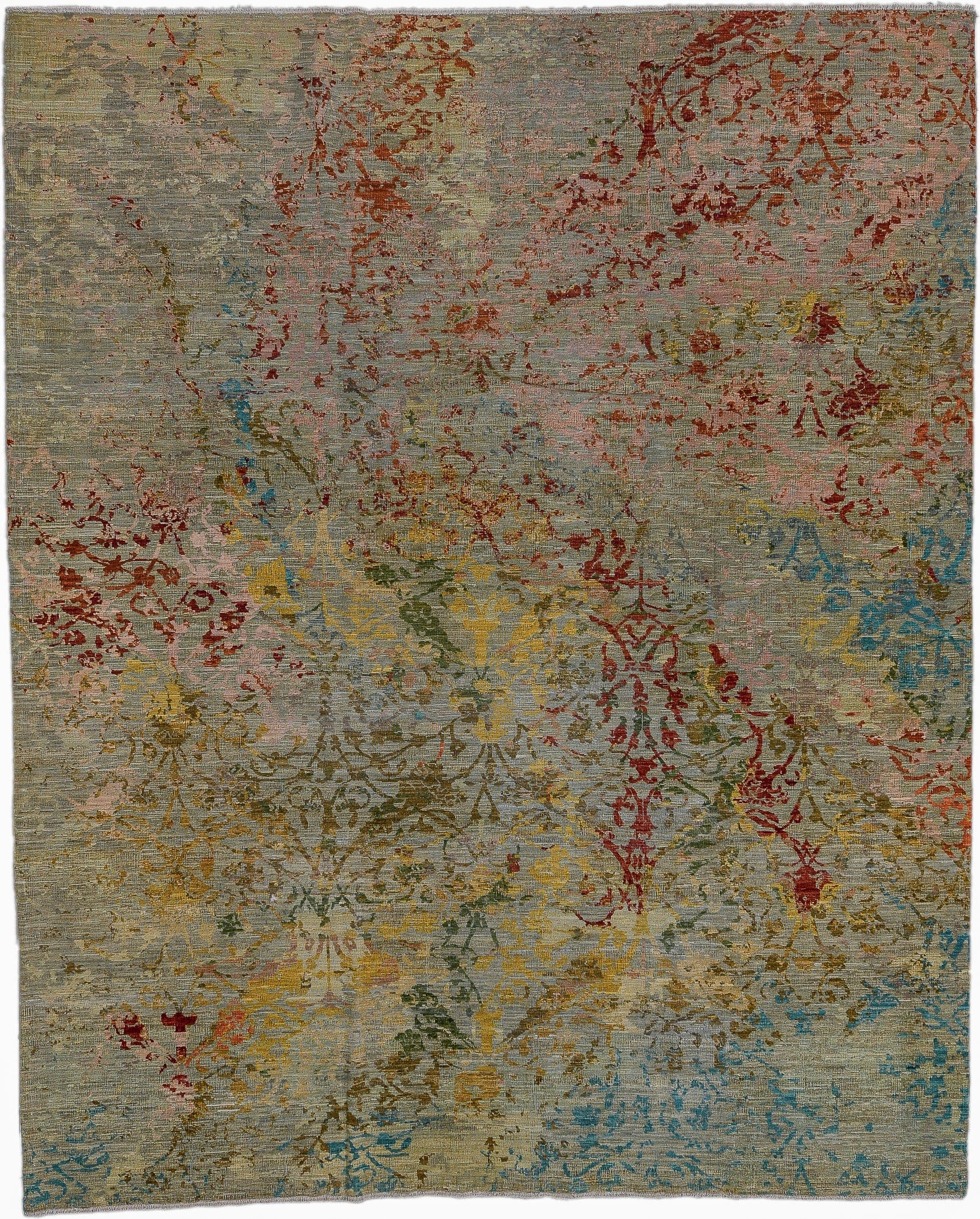 8' x 9' one-of-a-kind handmade vintage Afghan large size rug. Color palette: sage, taupe, rust, gold, sky blue, olive, rose