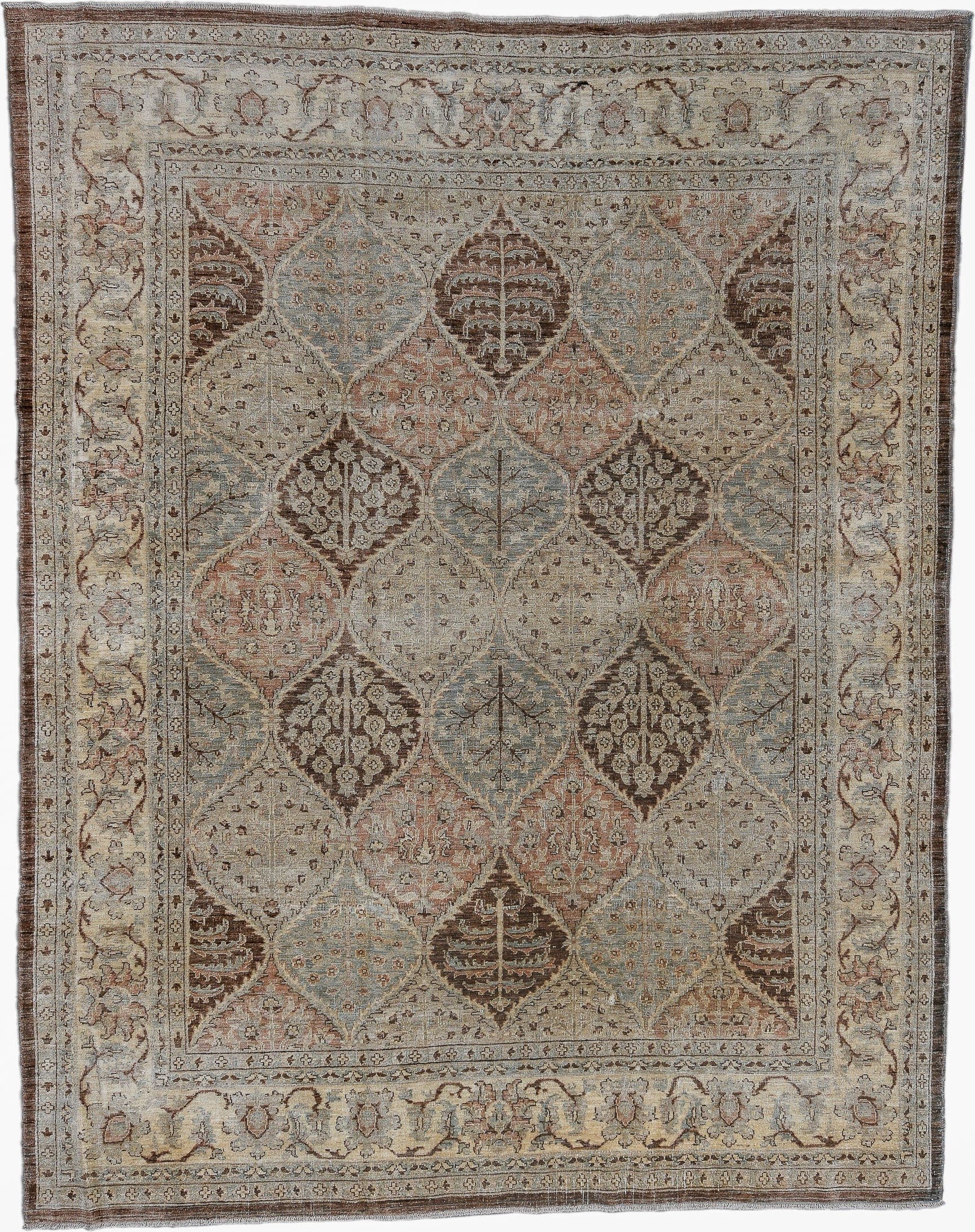 7' x 9' one-of-a-kind handmade vintage Afghan large size rug. Color palette: ivory, taupe, sky blue, brown, camel, rose