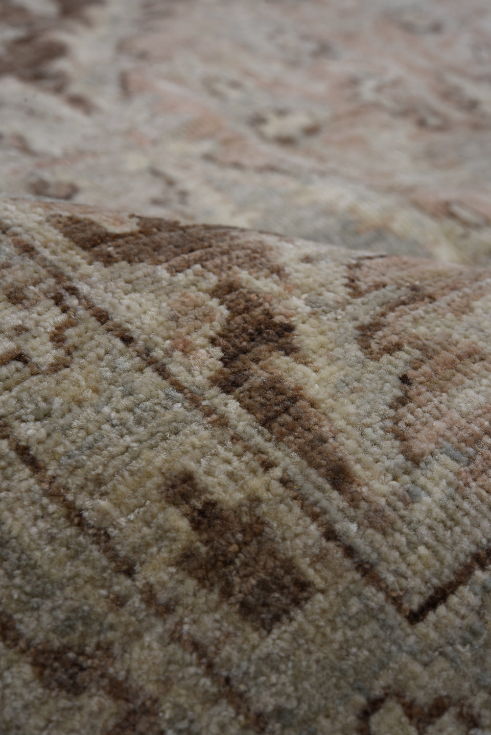 7' x 9' one-of-a-kind handmade vintage Afghan large size rug. Color palette: ivory, taupe, sky blue, brown, camel, rose