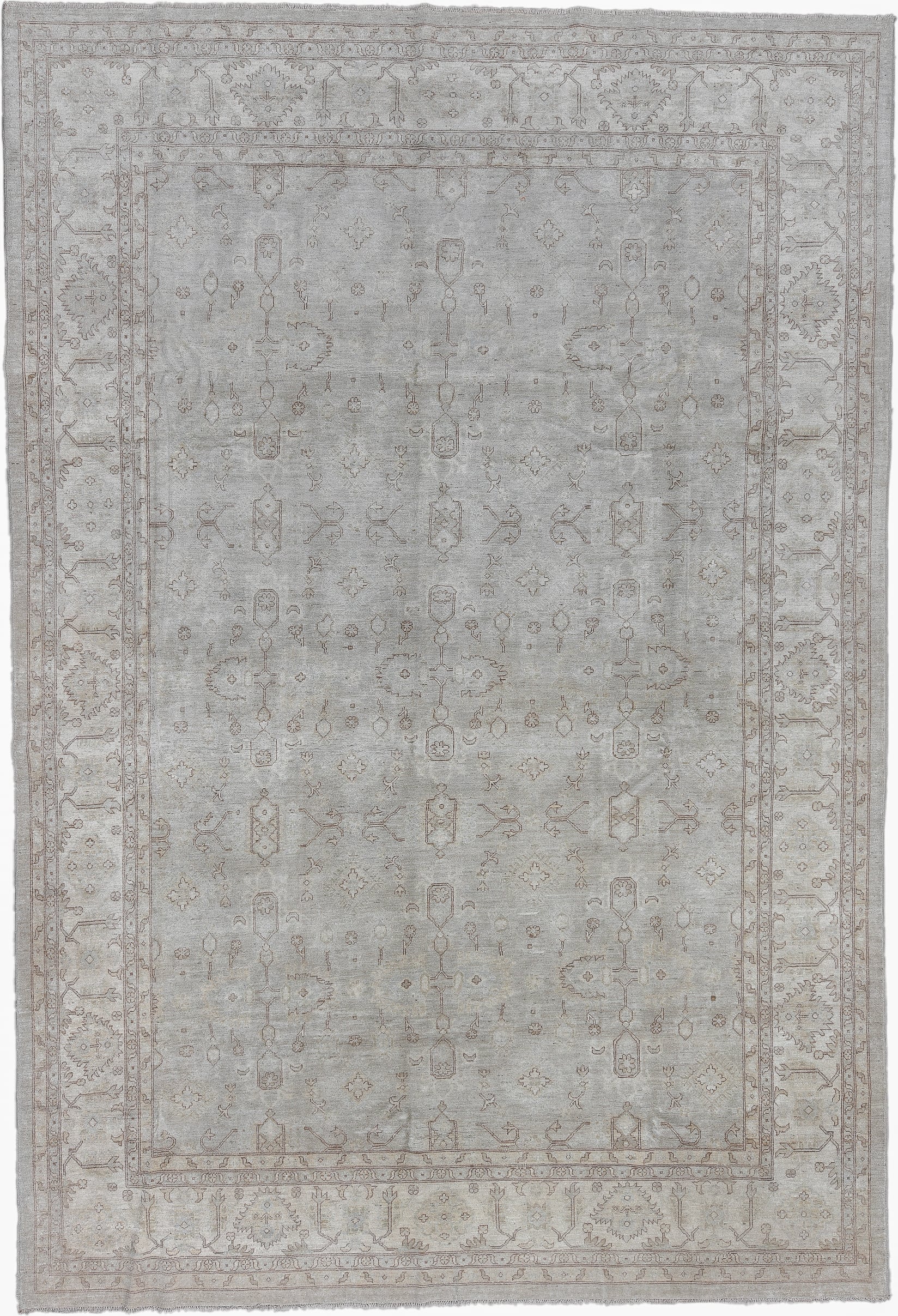 9' x 14' one-of-a-kind handmade vintage Afghan large size rug. Color palette: ivory, taupe, beige, stone, camel, gray