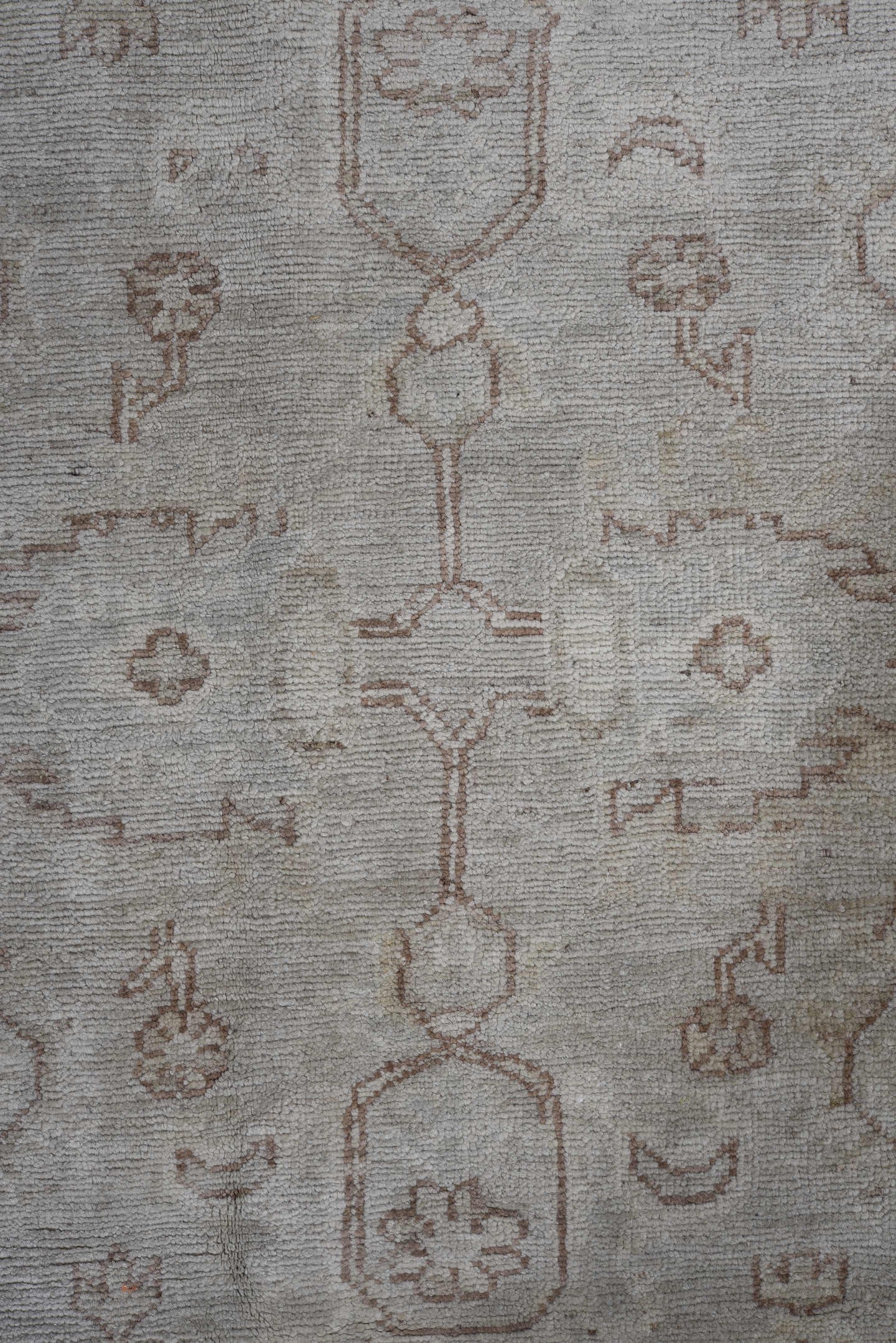 9' x 14' one-of-a-kind handmade vintage Afghan large size rug. Color palette: ivory, taupe, beige, stone, camel, gray