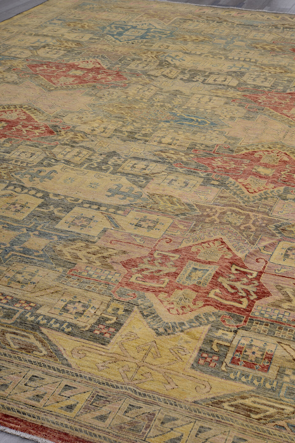 10' x 13' one-of-a-kind handmade vintage Afghan large size rug. Color palette: tan, sage, rose, gold, teal, rust, taupe