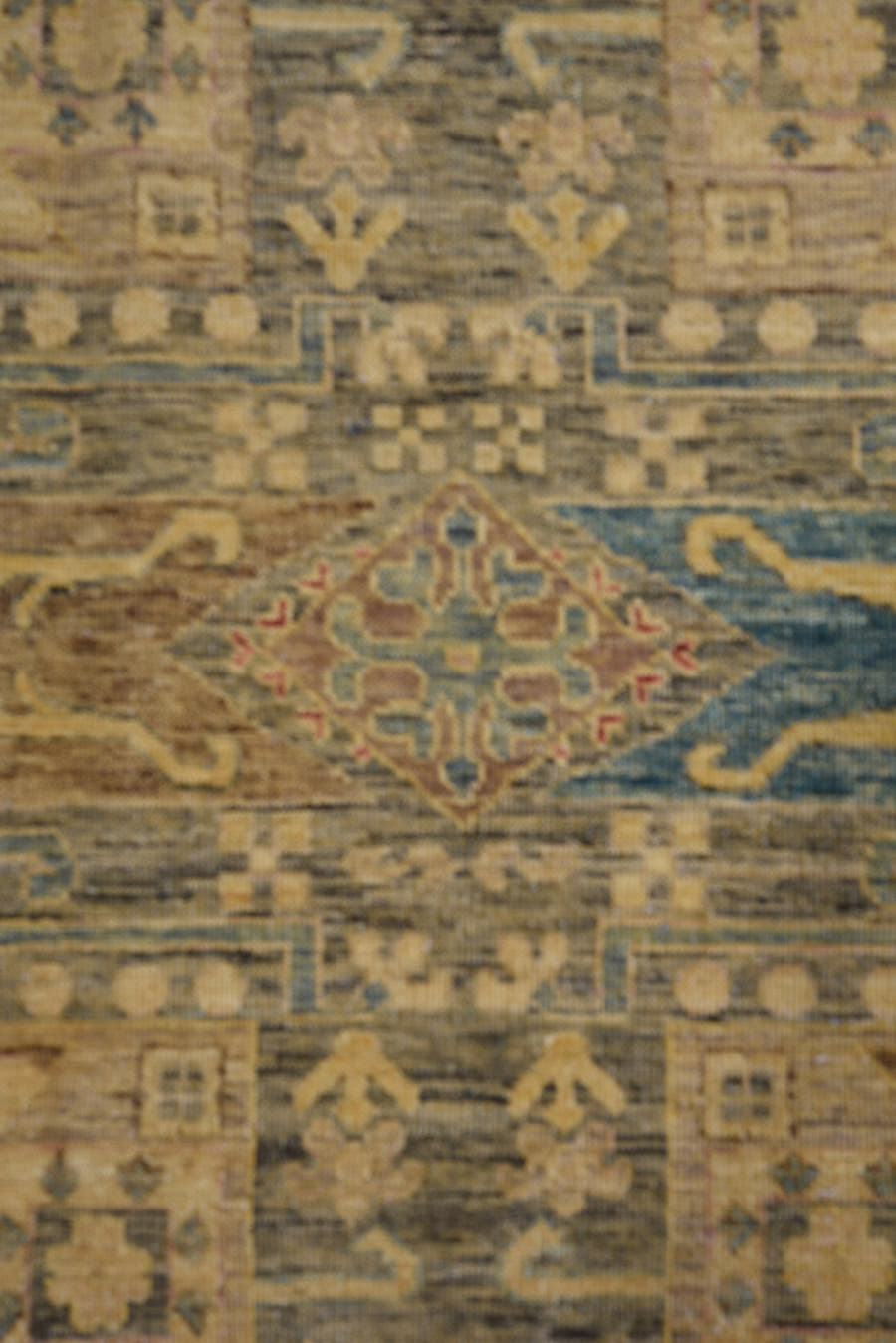 10' x 13' one-of-a-kind handmade vintage Afghan large size rug. Color palette: tan, sage, rose, gold, teal, rust, taupe