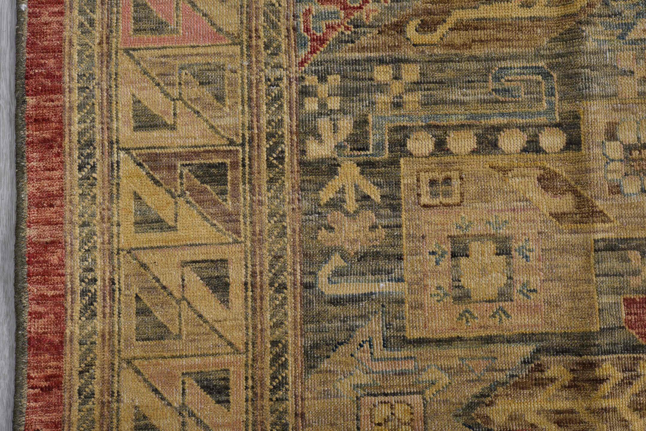 10' x 13' one-of-a-kind handmade vintage Afghan large size rug. Color palette: tan, sage, rose, gold, teal, rust, taupe
