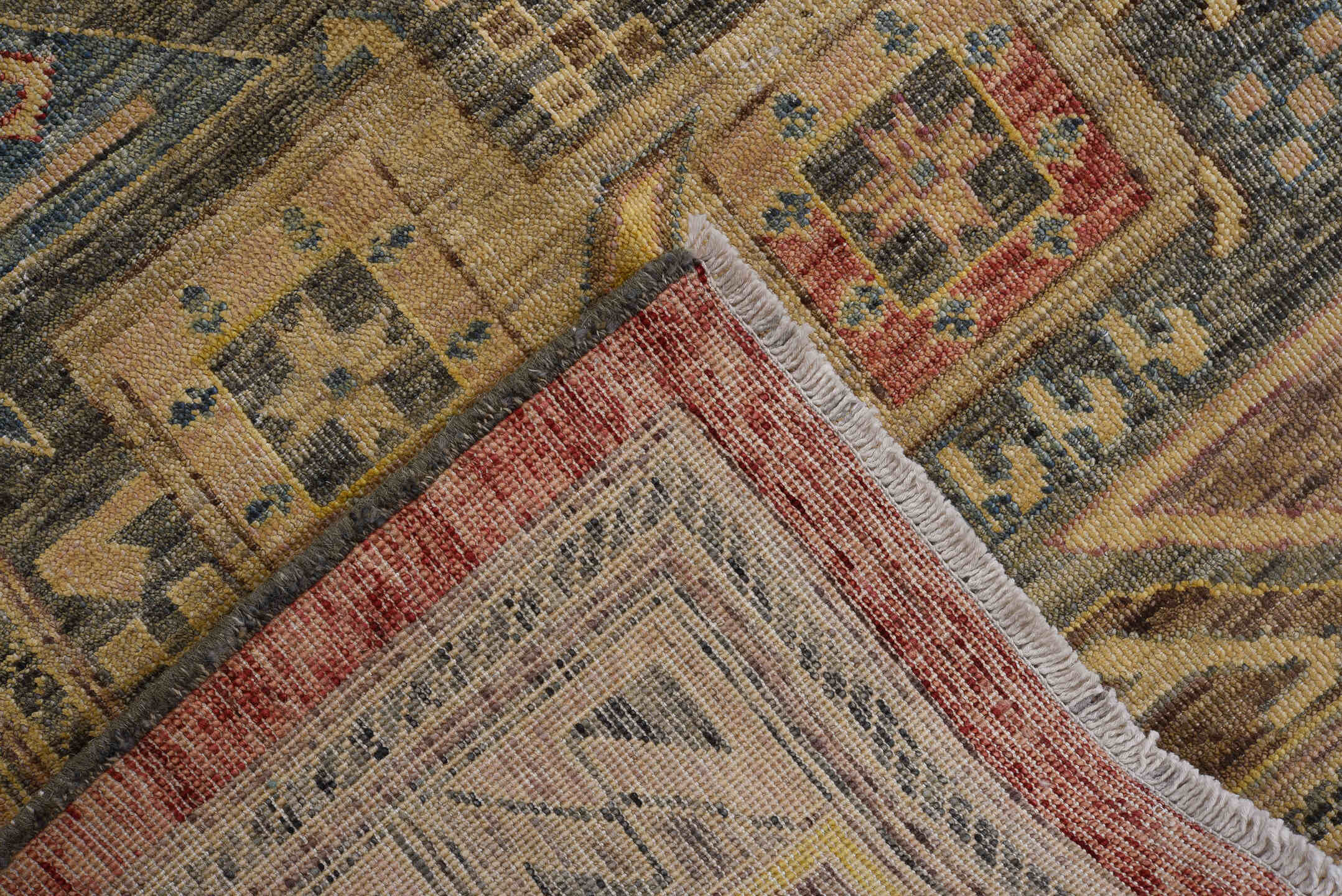10' x 13' one-of-a-kind handmade vintage Afghan large size rug. Color palette: tan, sage, rose, gold, teal, rust, taupe