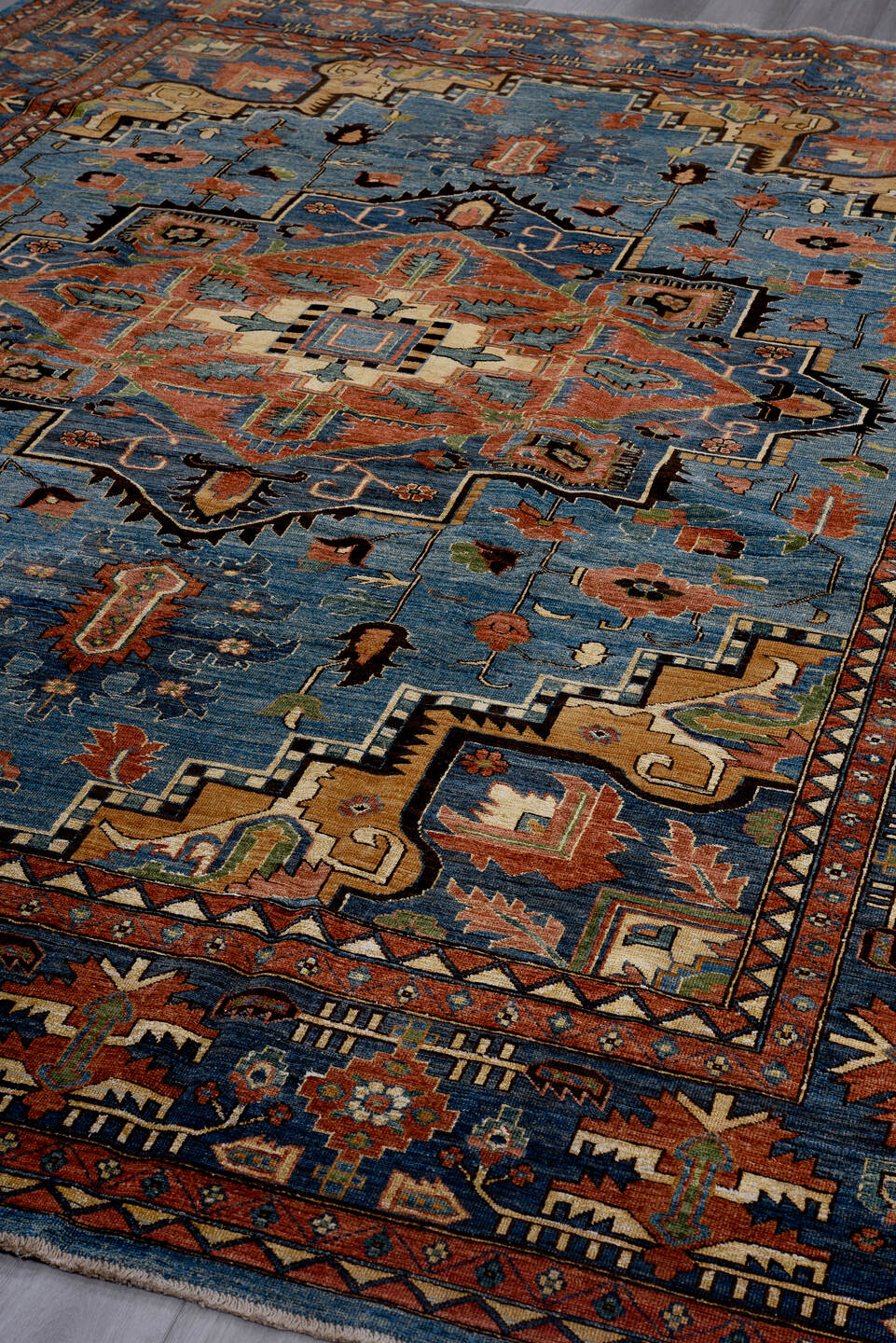 8' x 11' one-of-a-kind handmade vintage Afghan large size rug. Color palette: blue, rust, ivory, navy, coral, camel, black
