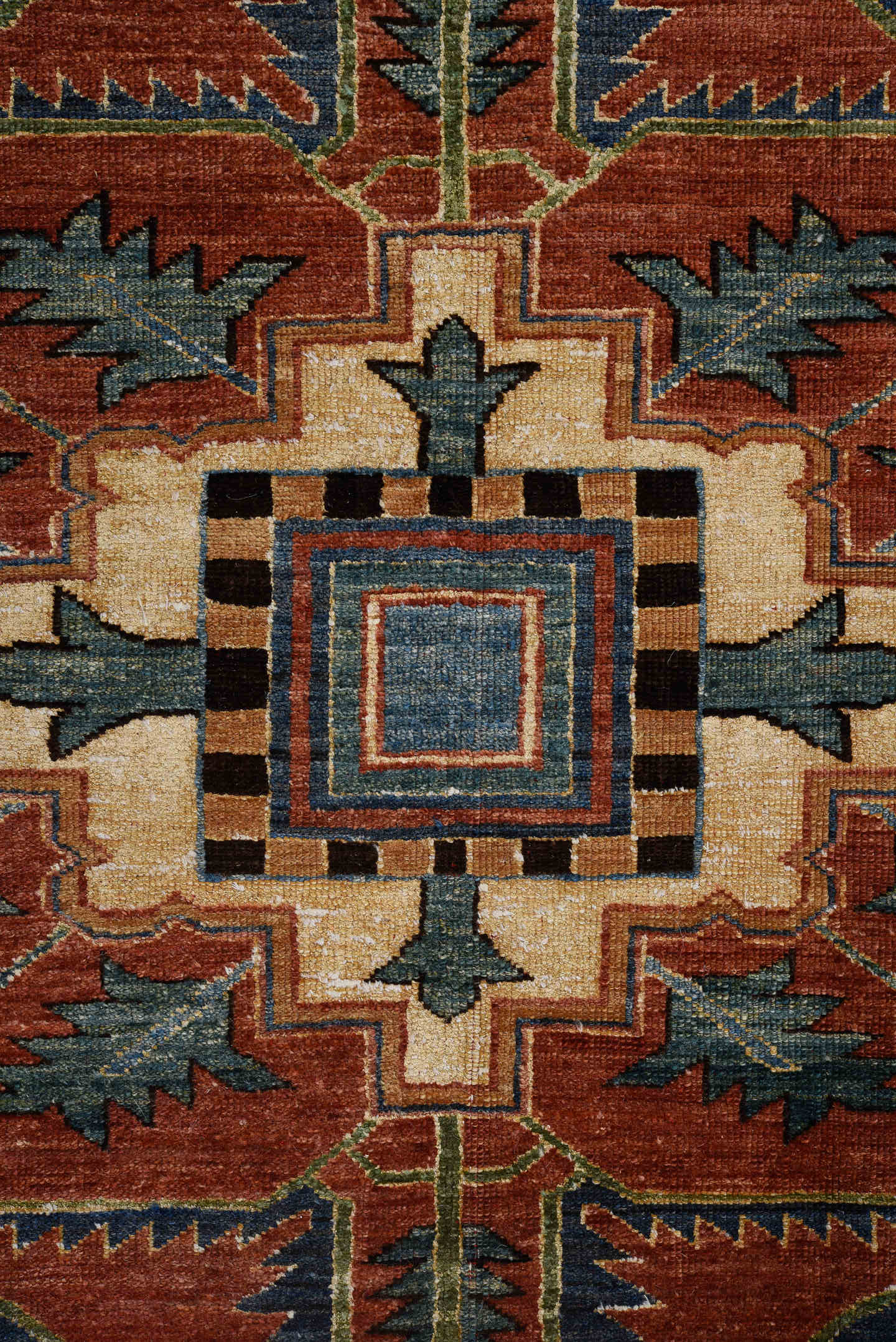 8' x 11' one-of-a-kind handmade vintage Afghan large size rug. Color palette: blue, rust, ivory, navy, coral, camel, black