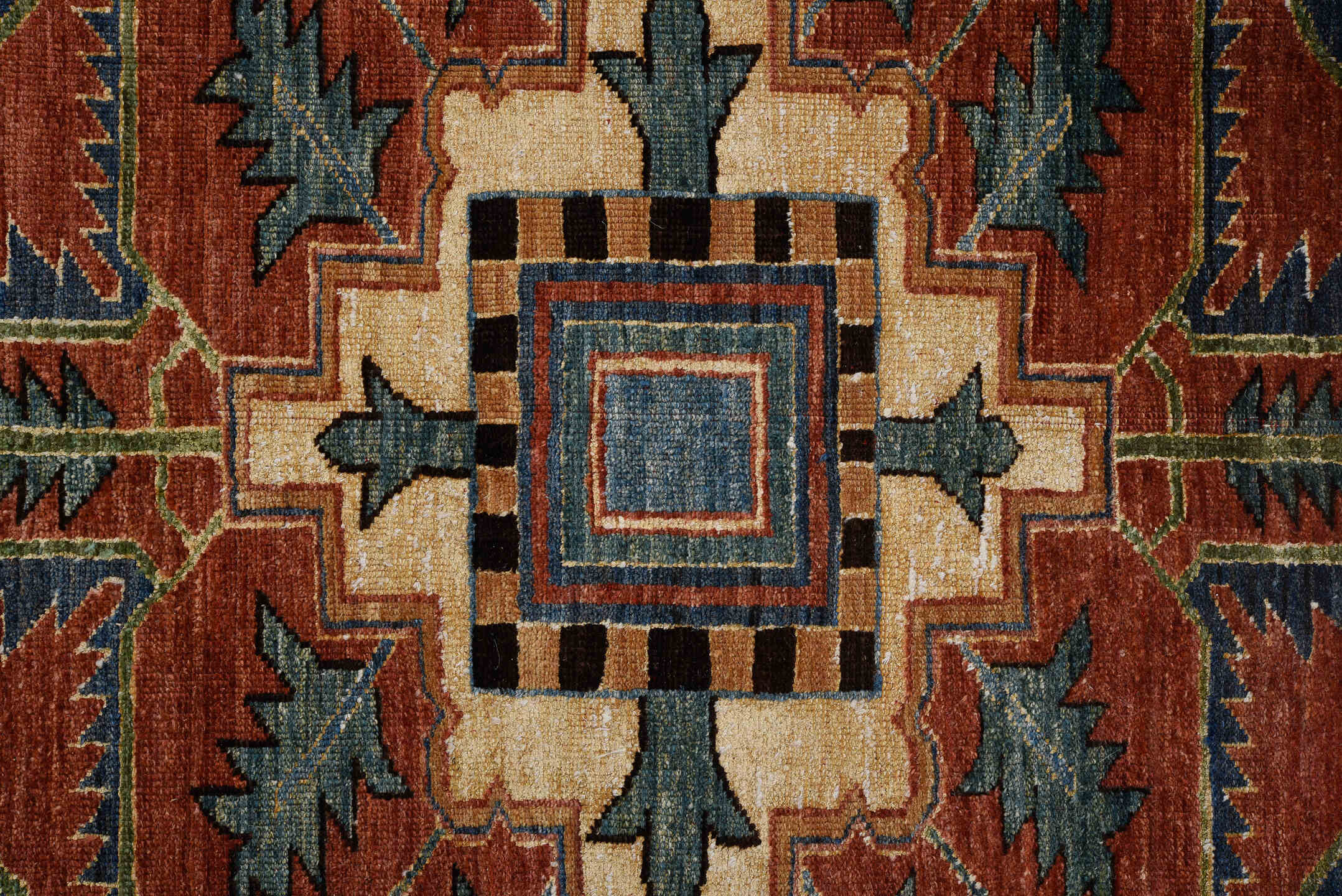 8' x 11' one-of-a-kind handmade vintage Afghan large size rug. Color palette: blue, brown, gray, light slate gray, off-white