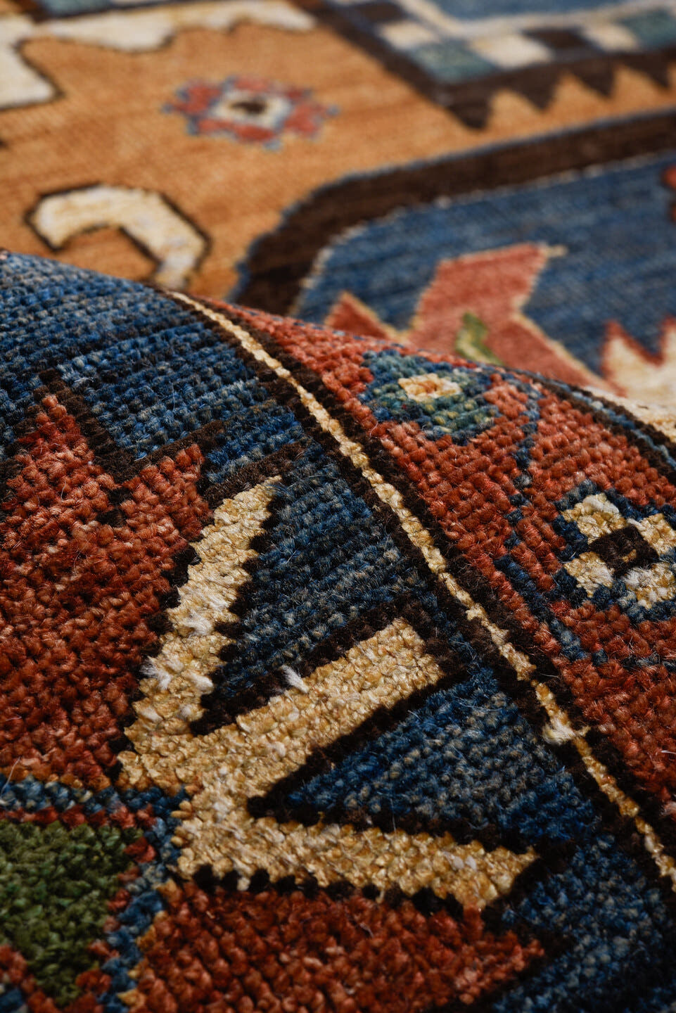 8' x 11' one-of-a-kind handmade vintage Afghan large size rug. Color palette: blue, rust, ivory, navy, coral, camel, black