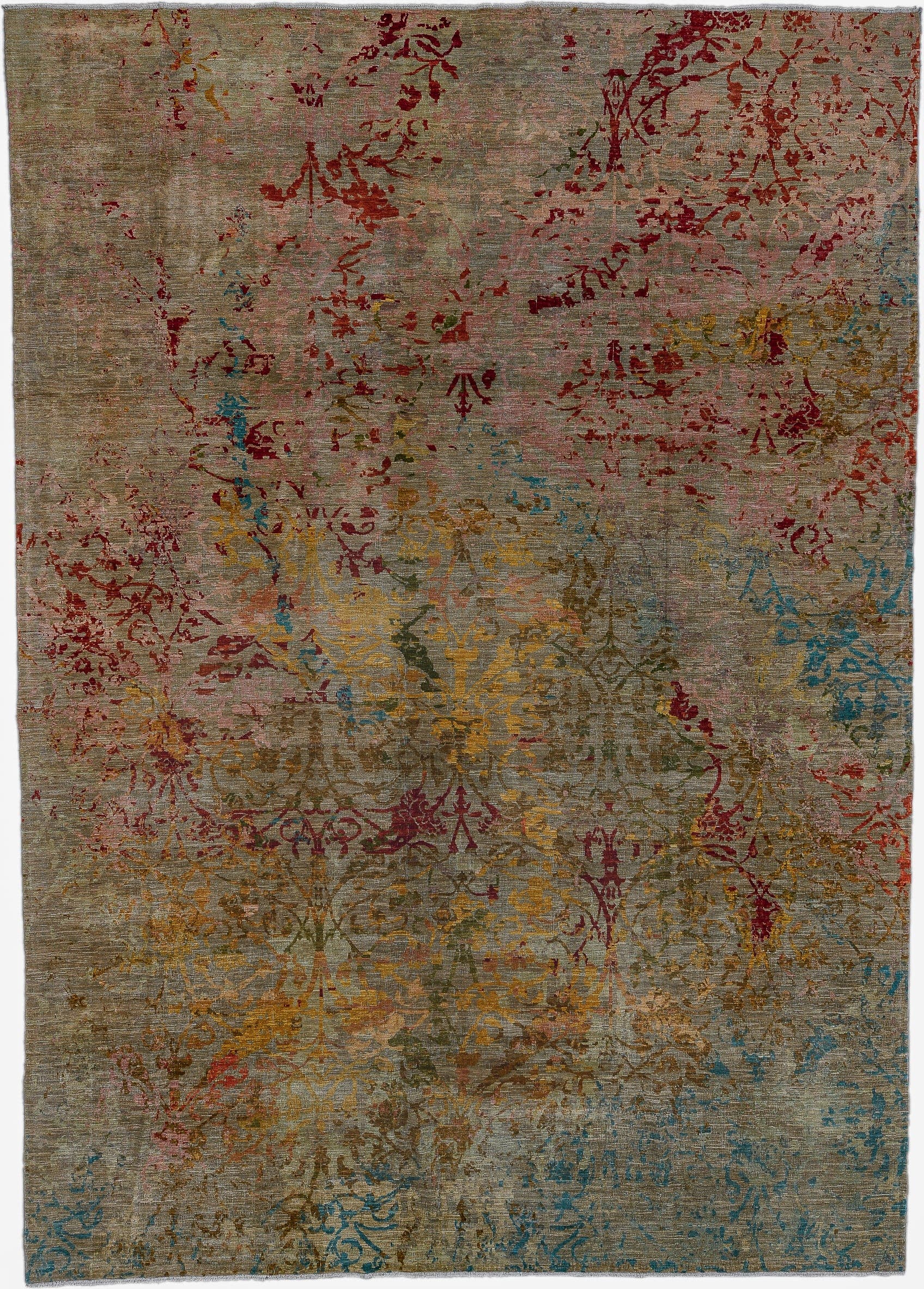 10' x 14' one-of-a-kind handmade vintage Afghan large size rug. Color palette: taupe, olive, gold, crimson, turquoise, rose