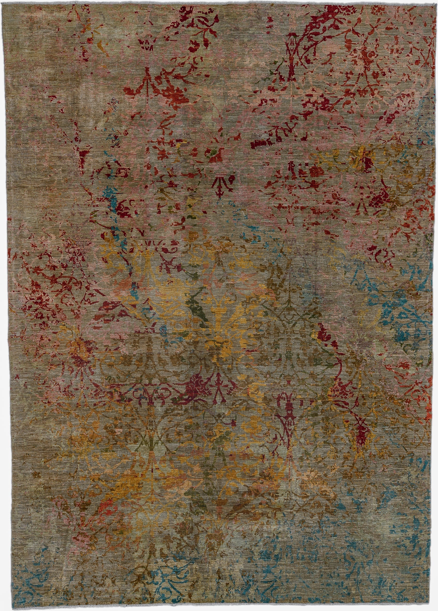 10' x 14' one-of-a-kind handmade vintage Afghan large size rug. Color palette: taupe, olive, gold, crimson, turquoise, rose