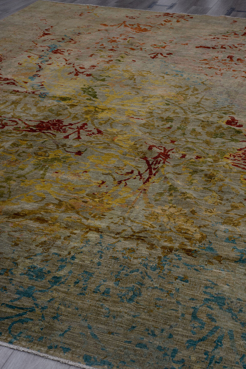 10' x 14' one-of-a-kind handmade vintage Afghan large size rug. Color palette: taupe, olive, gold, crimson, turquoise, rose