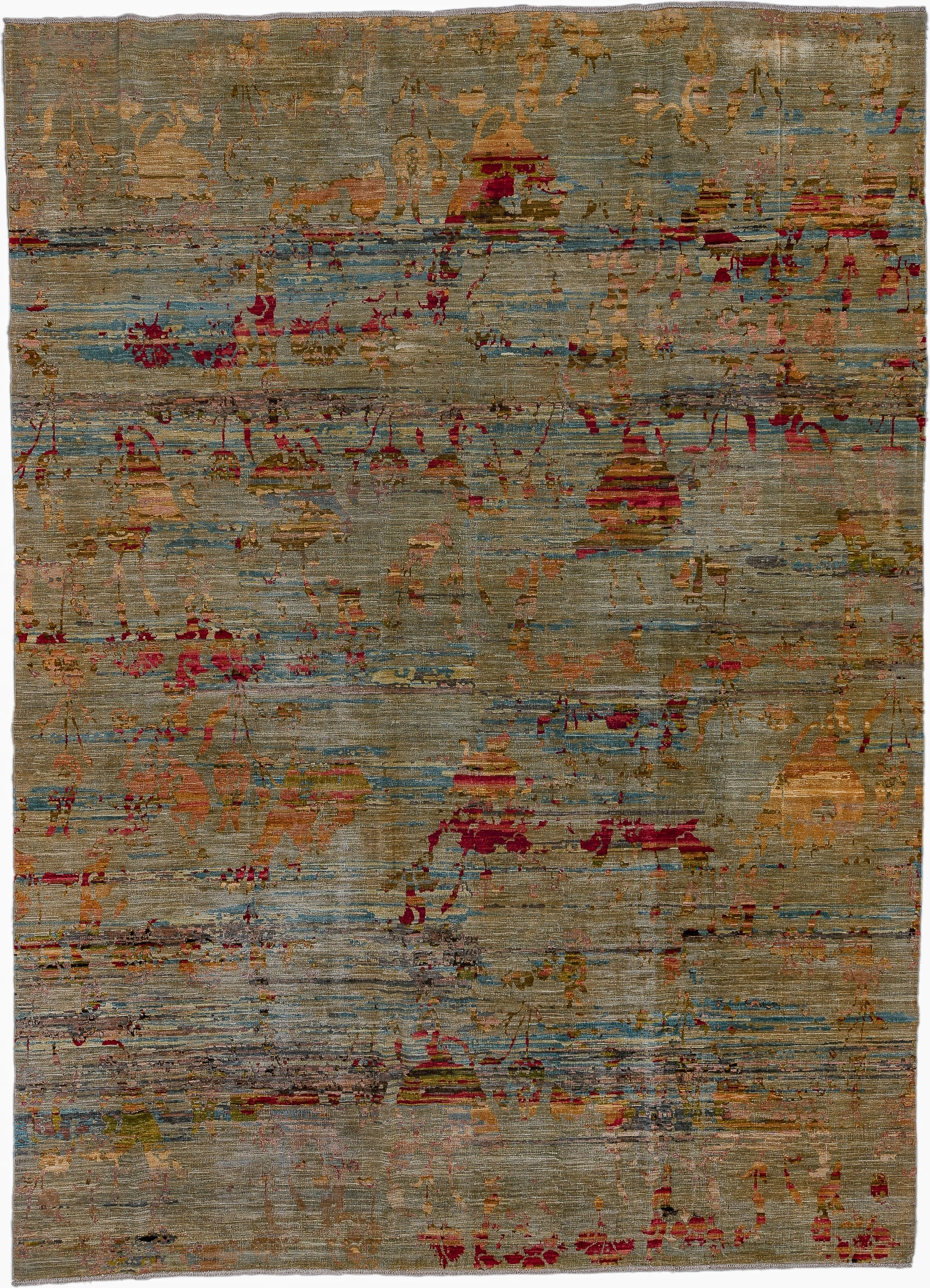 9' x 13' one-of-a-kind handmade vintage Afghan large size rug. Color palette: taupe, slate, rust, gold, crimson, camel, rose