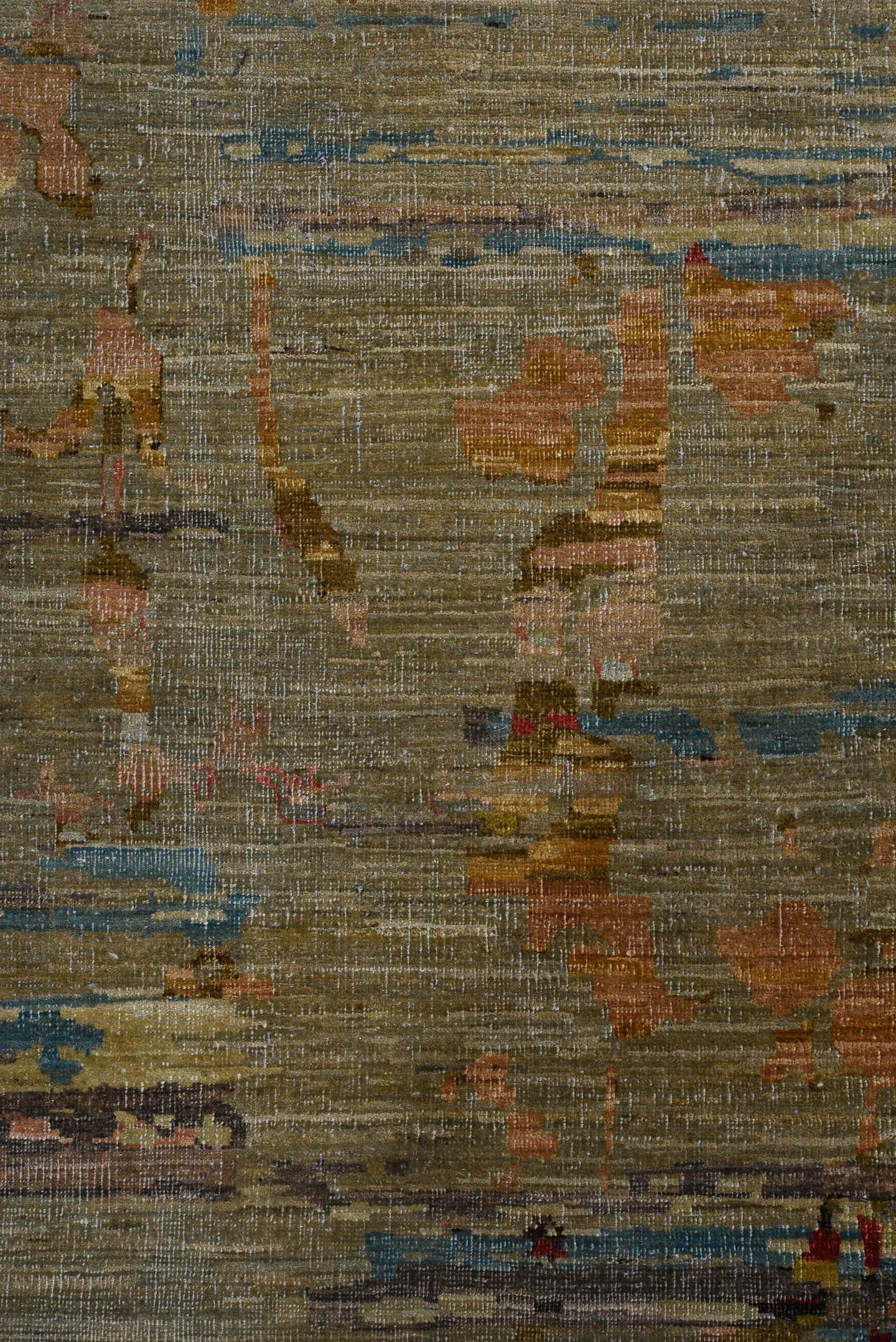 9' x 13' one-of-a-kind handmade vintage Afghan large size rug. Color palette: taupe, slate, rust, gold, crimson, camel, rose