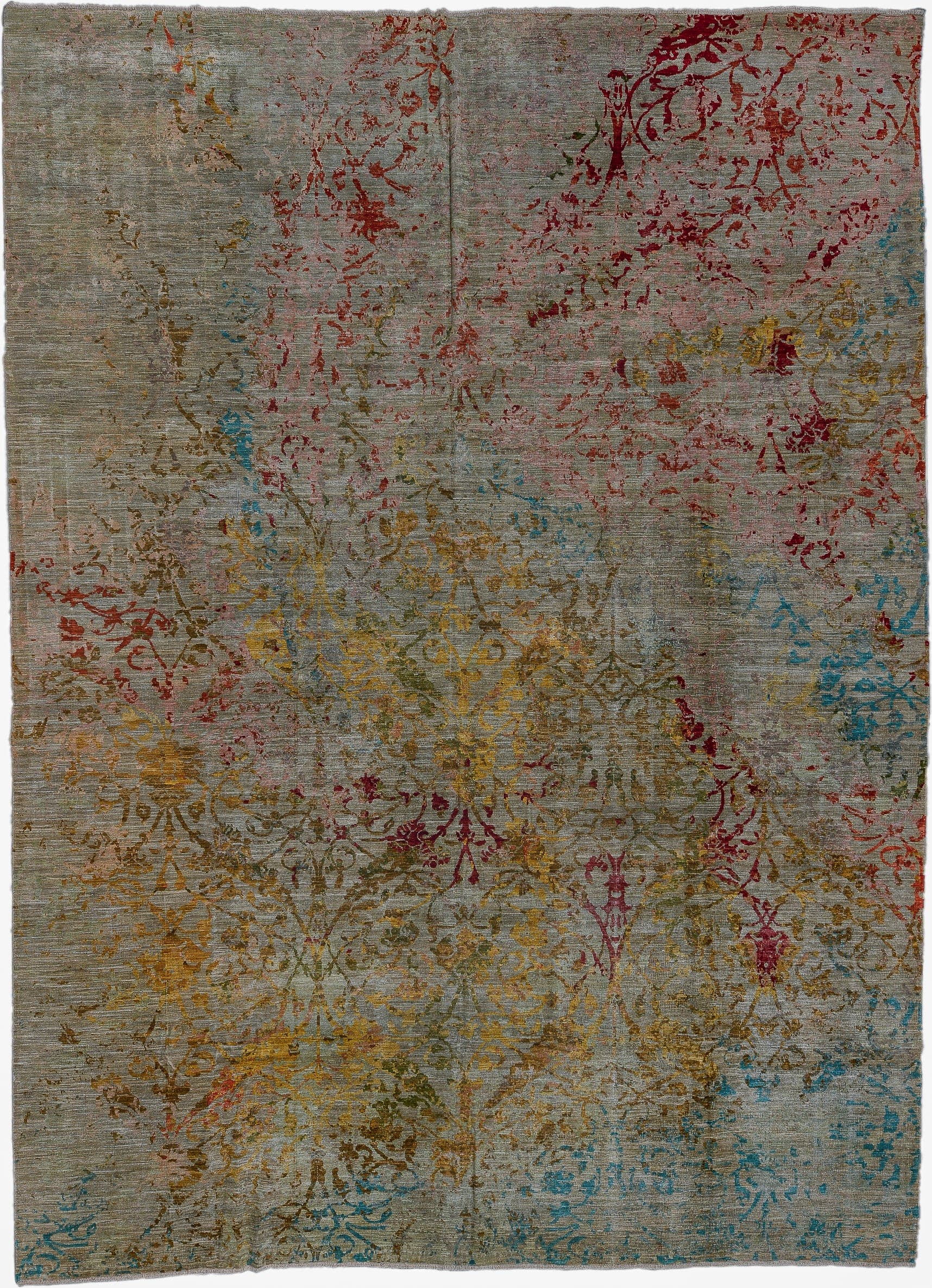 10' x 13' one-of-a-kind handmade vintage Afghan large size rug. Color palette: gray, gold, crimson, olive, turquoise, taupe