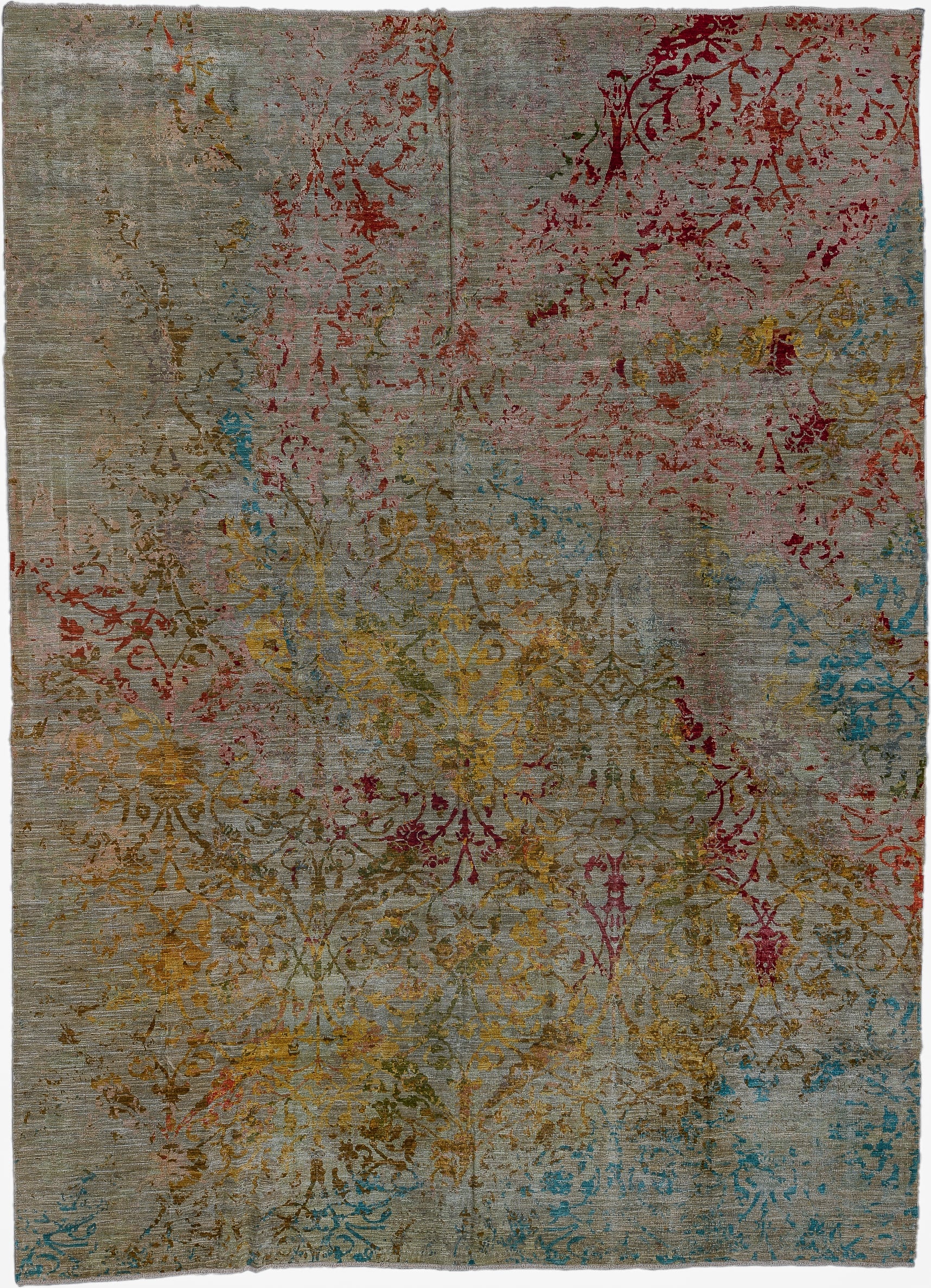 10' x 13' one-of-a-kind handmade vintage Afghan large size rug. Color palette: gray, gold, crimson, olive, turquoise, taupe