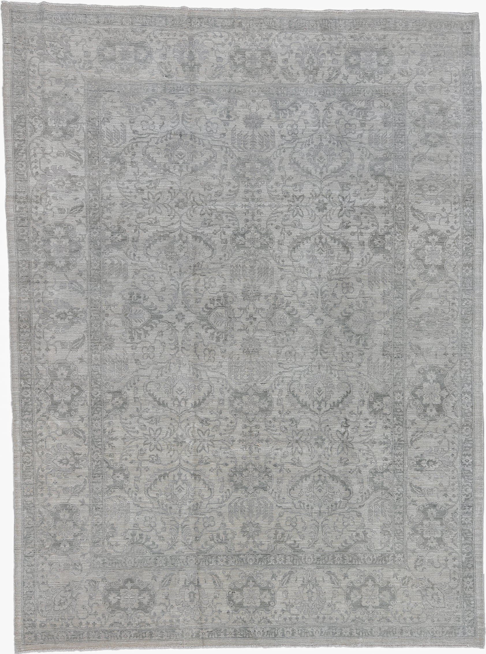 9' x 12' one-of-a-kind handmade vintage Afghan large size rug. Color palette: ivory, silver, gray, taupe, stone, beige