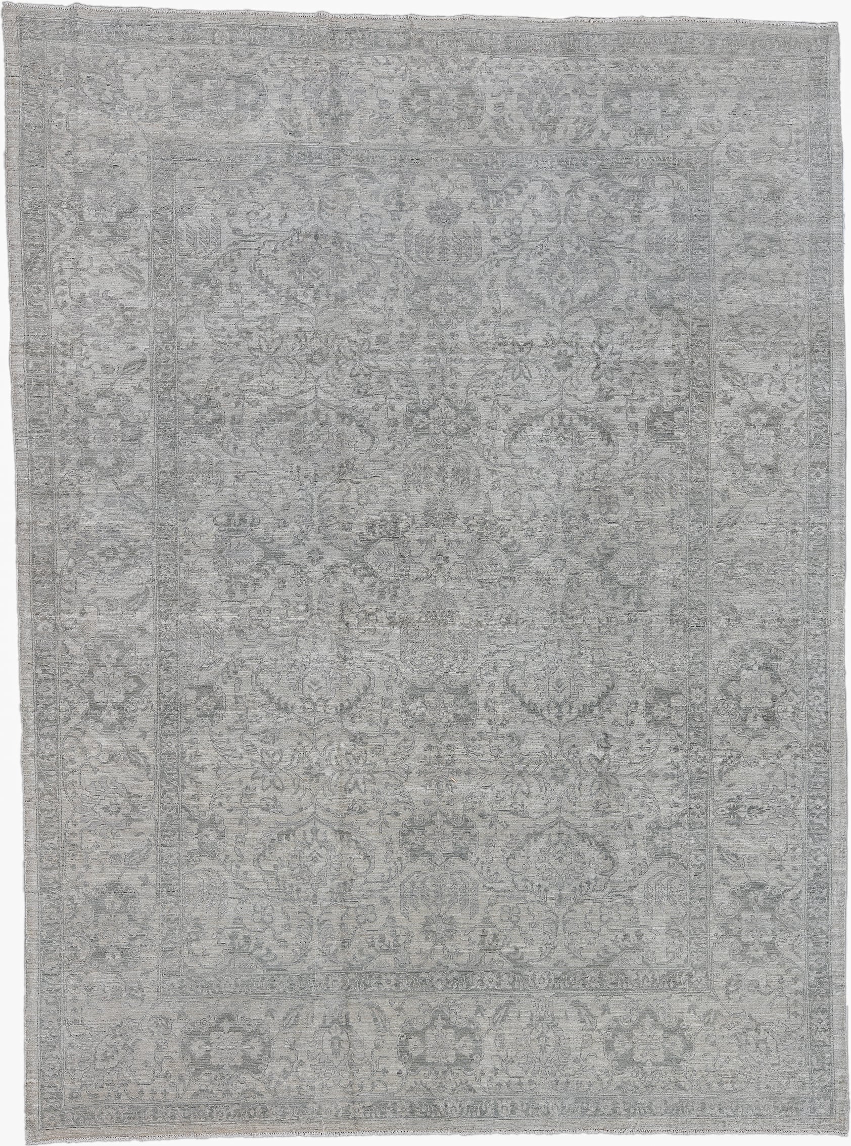 9' x 12' one-of-a-kind handmade vintage Afghan large size rug. Color palette: ivory, silver, gray, taupe, stone, beige