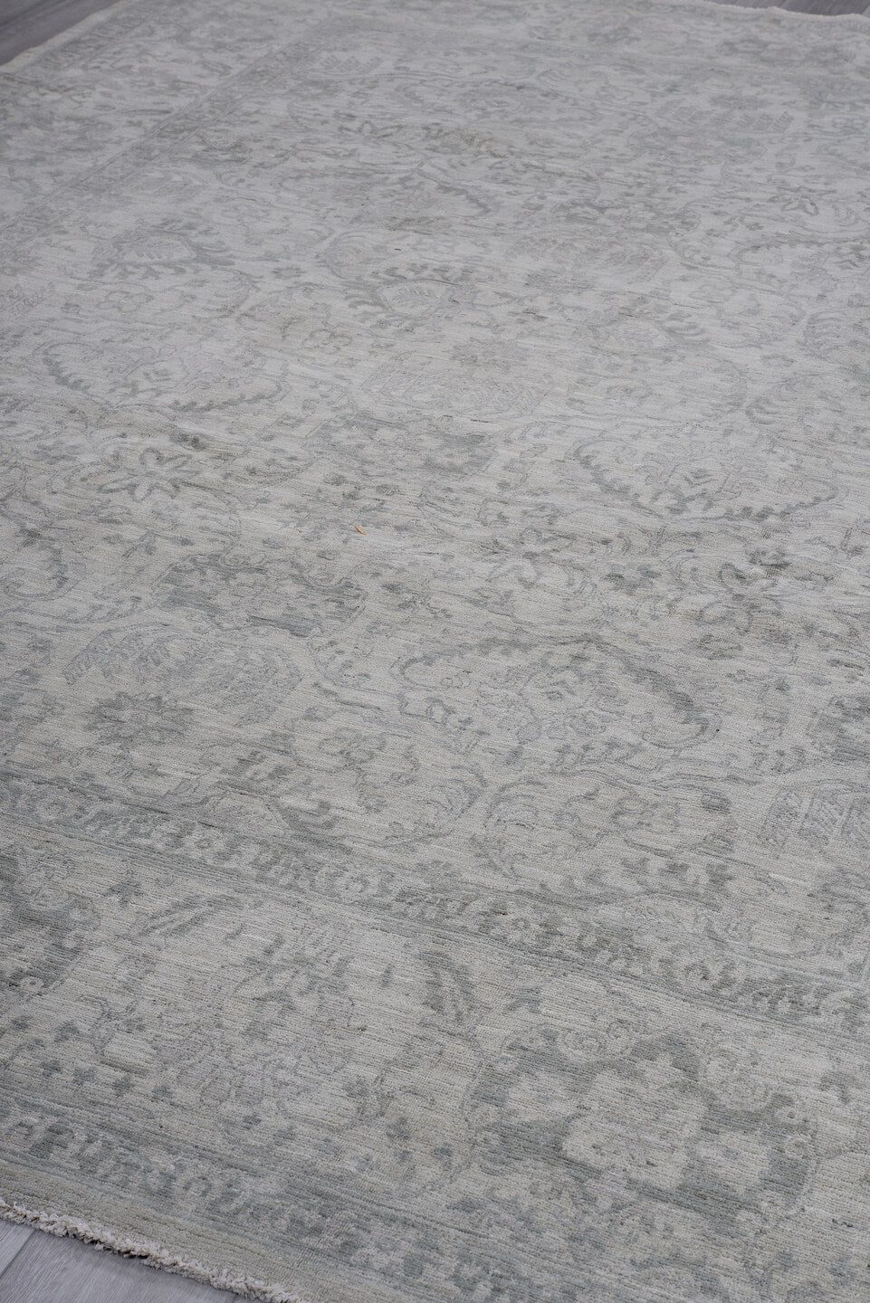 9' x 12' one-of-a-kind handmade vintage Afghan large size rug. Color palette: ivory, silver, gray, taupe, stone, beige