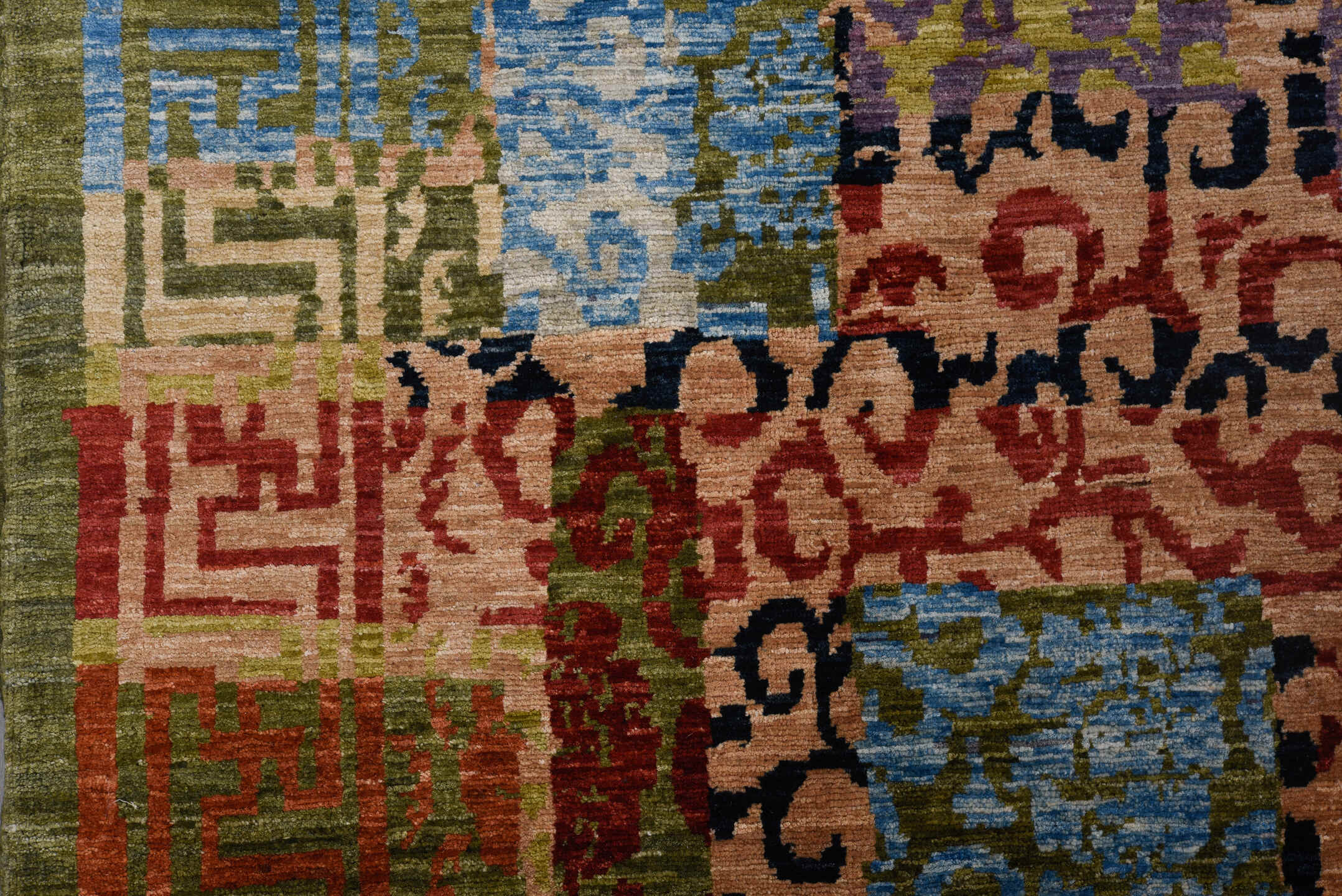 6' x 9' one-of-a-kind handmade vintage Afghan medium size rug. Color palette: olive, rose, sky blue, crimson, lavender