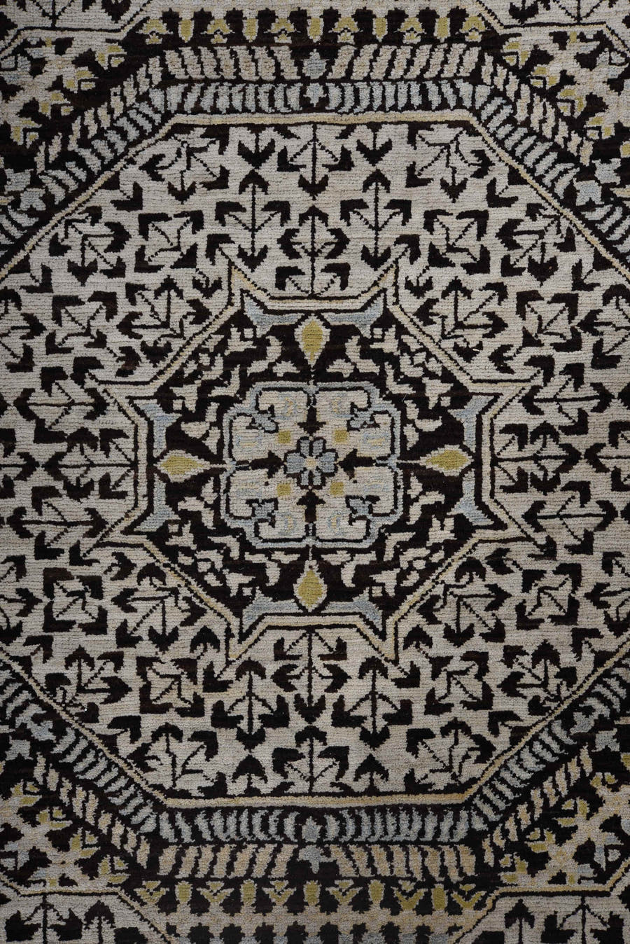 8' x 11' one-of-a-kind handmade vintage Afghan large size rug. Color palette: charcoal, ivory, gold, slate, taupe, camel