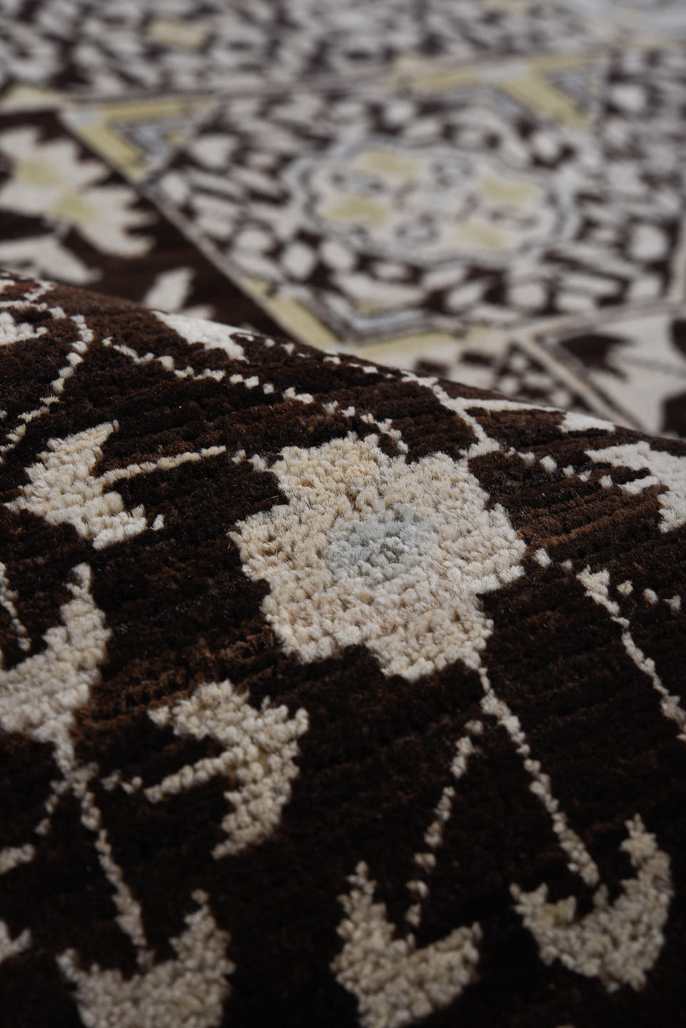 8' x 11' one-of-a-kind handmade vintage Afghan large size rug. Color palette: charcoal, ivory, gold, slate, taupe, camel