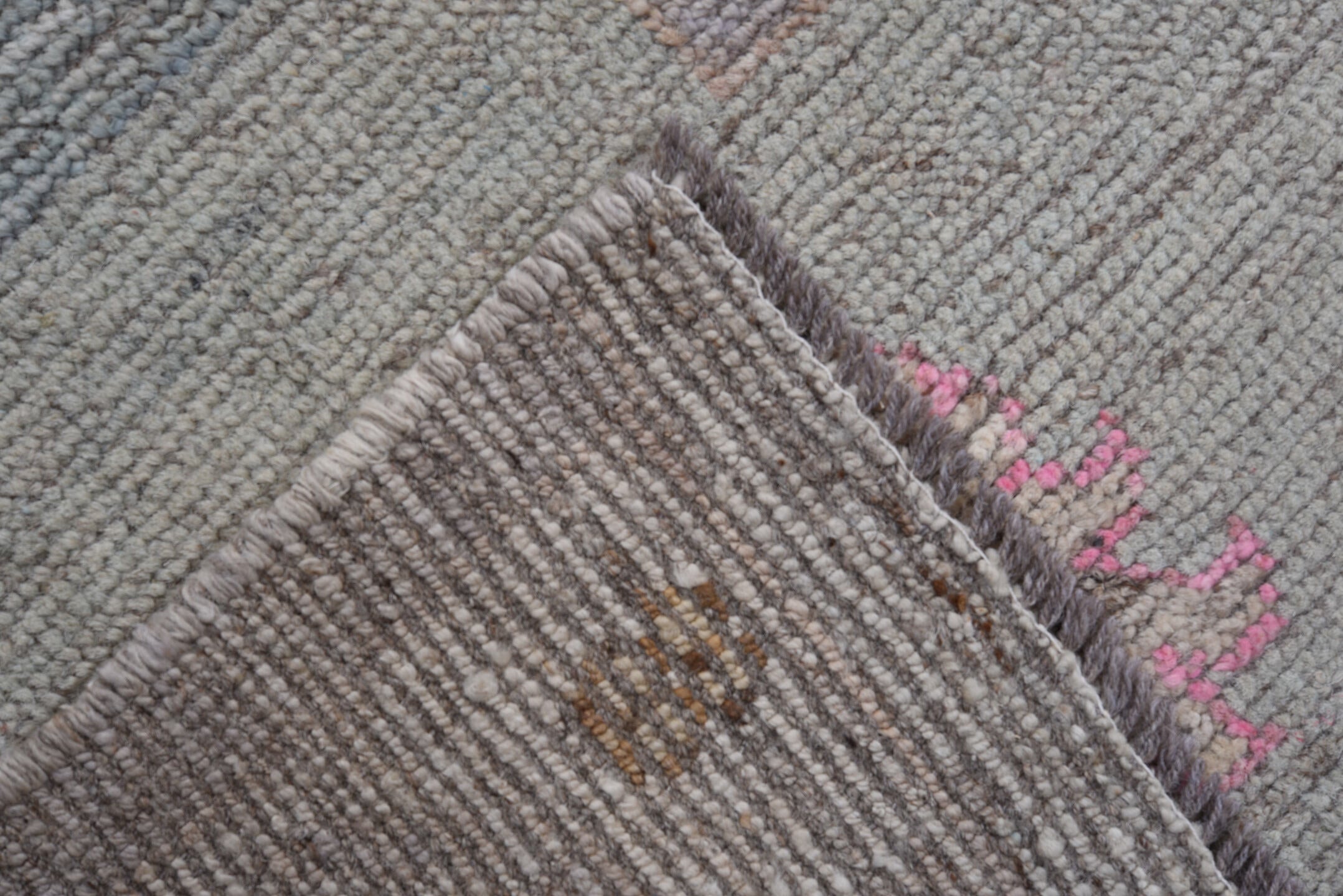 10' x 13' one-of-a-kind handmade vintage Oushak large size rug. Color palette: light gray, blush, camel, taupe, ivory, brown