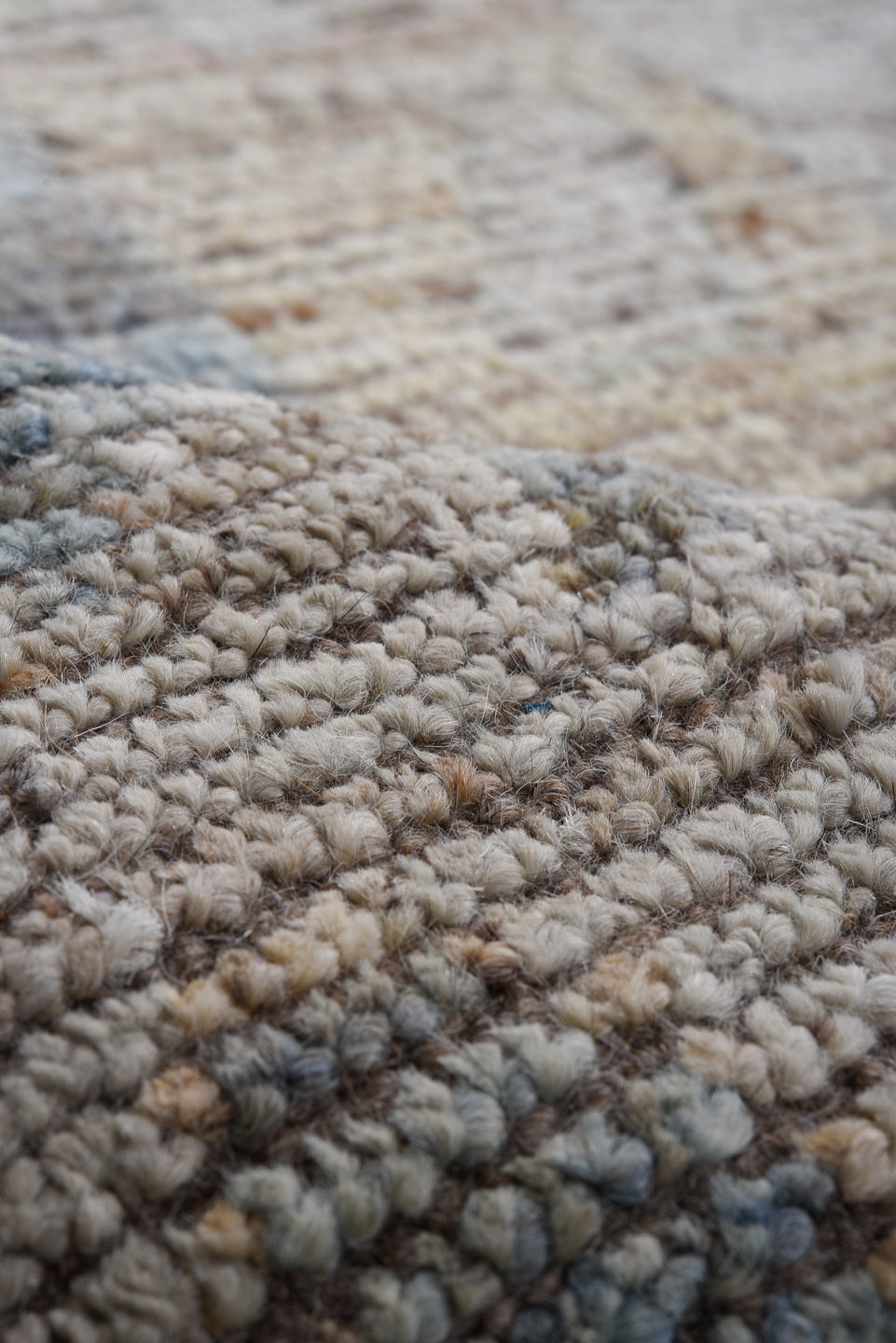 10' x 13' one-of-a-kind handmade vintage Oushak oversize rug. Color palette: gray, pale blue, blush, taupe, sand, ivory