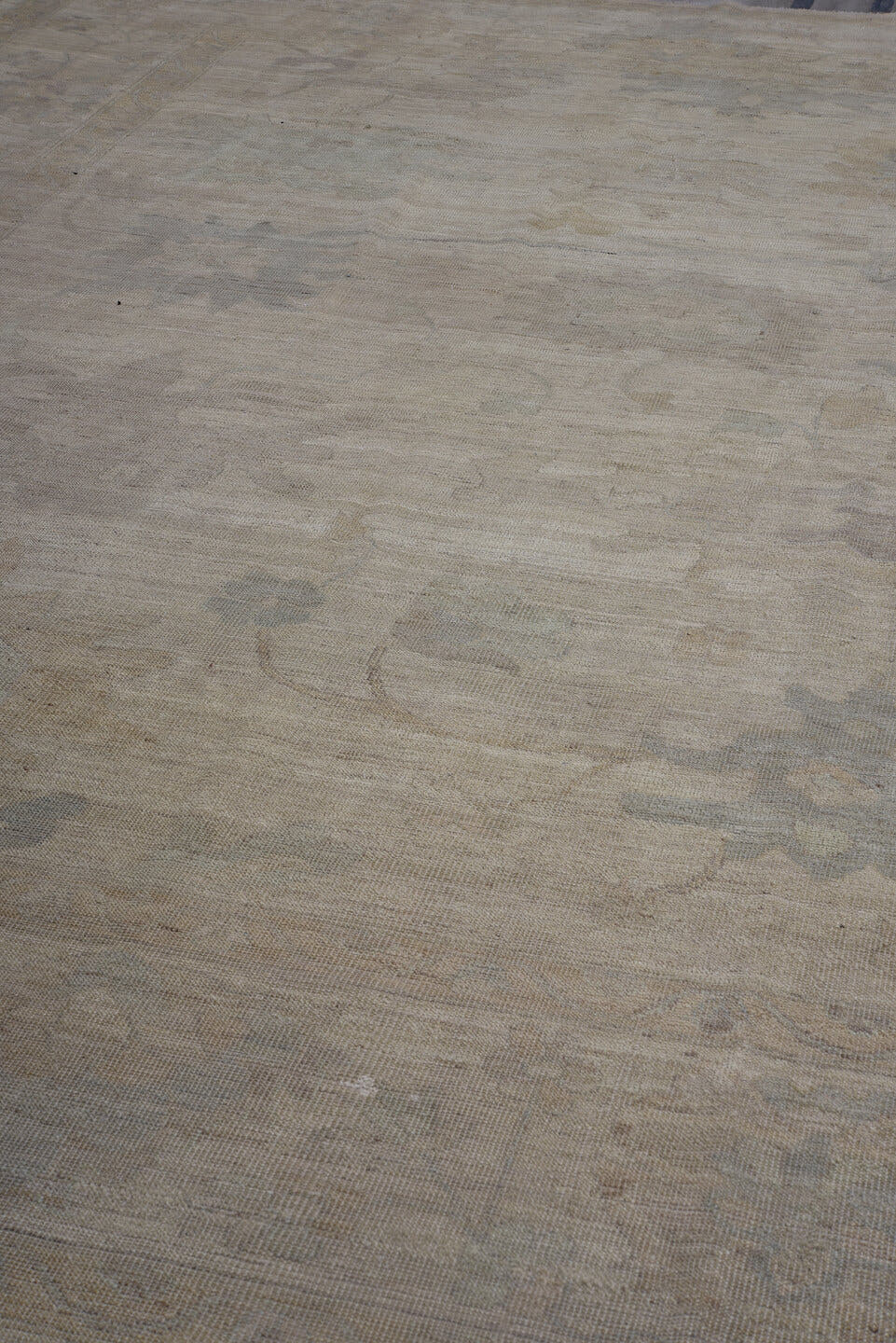 10' x 13' one-of-a-kind handmade vintage Tulu large size rug. Color palette: beige, ivory, taupe, sage, pale blue, sand