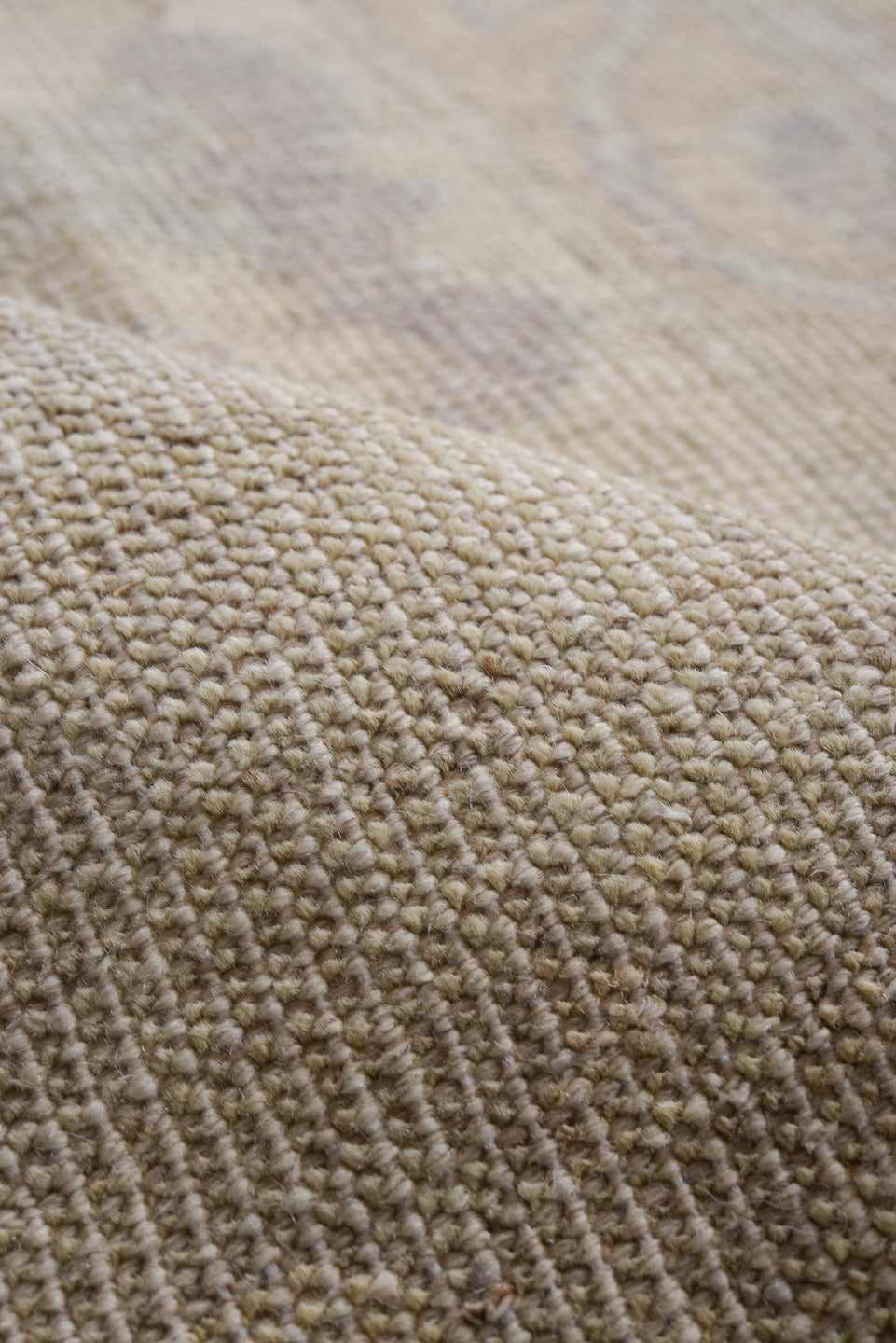 10' x 13' one-of-a-kind handmade vintage Tulu large size rug. Color palette: beige, ivory, taupe, sage, pale blue, sand
