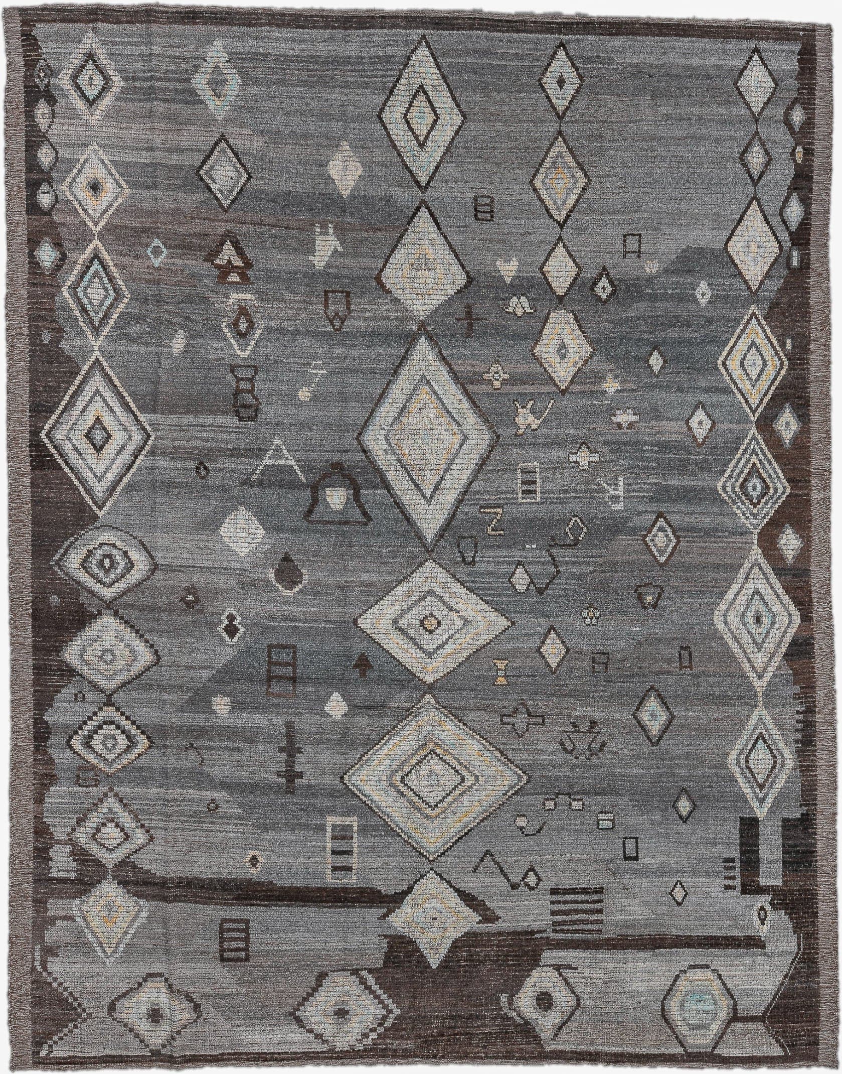 9' x 11' one-of-a-kind handmade vintage Tulu large size rug. Color palette: gray, charcoal, ivory, taupe, brown, pale blue
