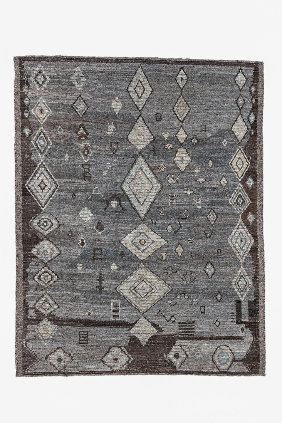 9' x 11' one-of-a-kind handmade vintage Tulu large size rug. Color palette: black, blue, brown, charcoal, dark gray