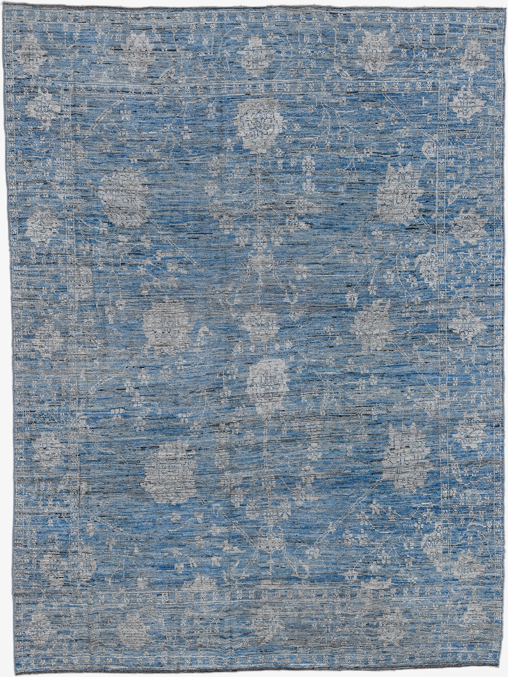 9' x 13' one-of-a-kind handmade vintage Oushak large size rug. Color palette: sky blue, ivory, slate, silver, charcoal