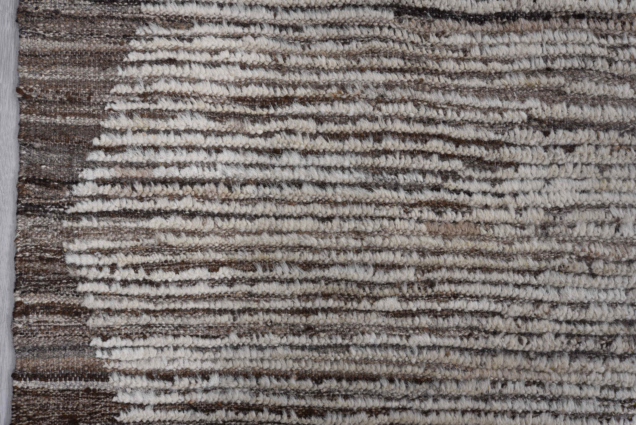 10' x 13' one-of-a-kind handmade vintage Tulu large size rug. Color palette: ivory, taupe, charcoal, brown, gray, beige