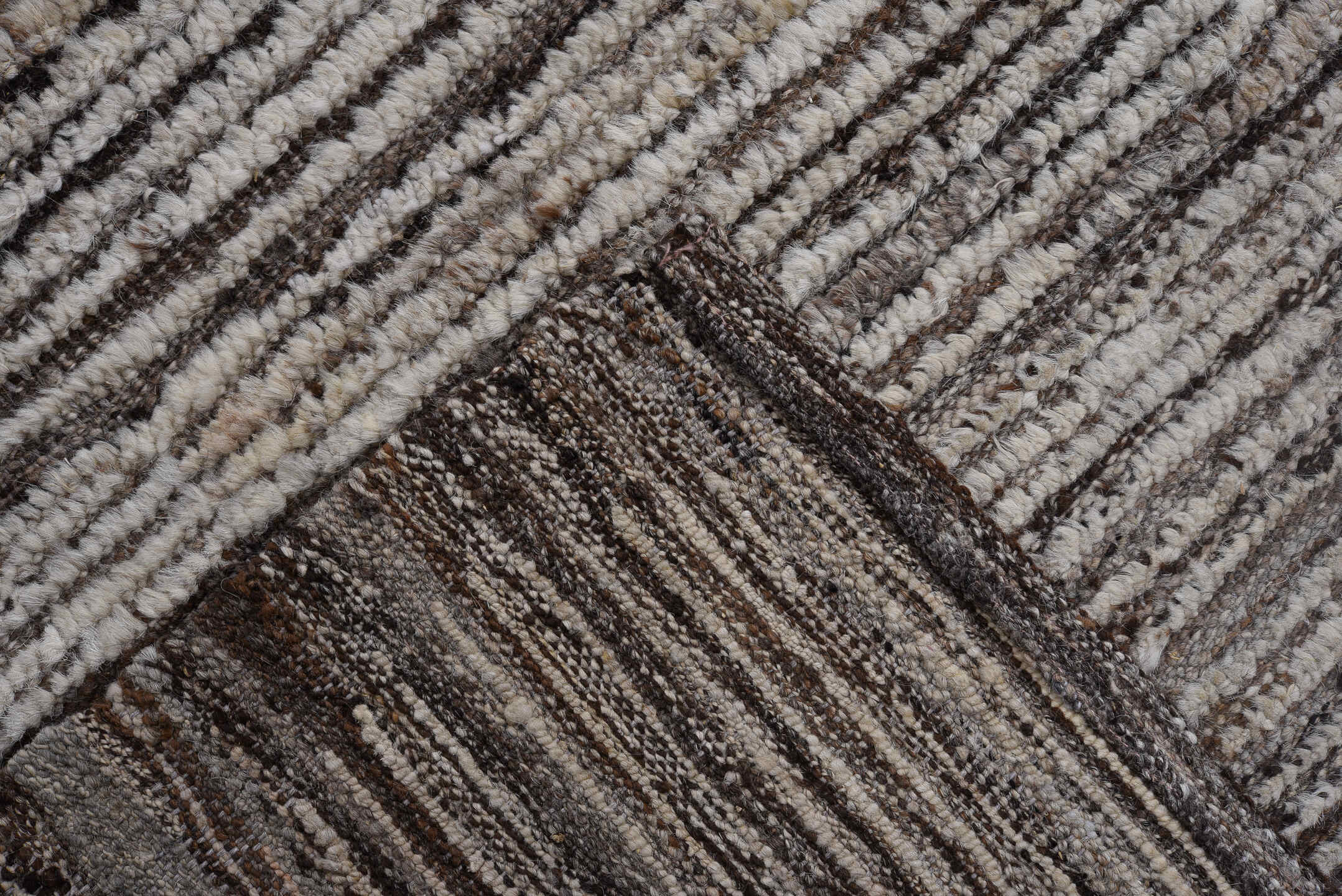 10' x 13' one-of-a-kind handmade vintage Tulu large size rug. Color palette: ivory, taupe, charcoal, brown, gray, beige