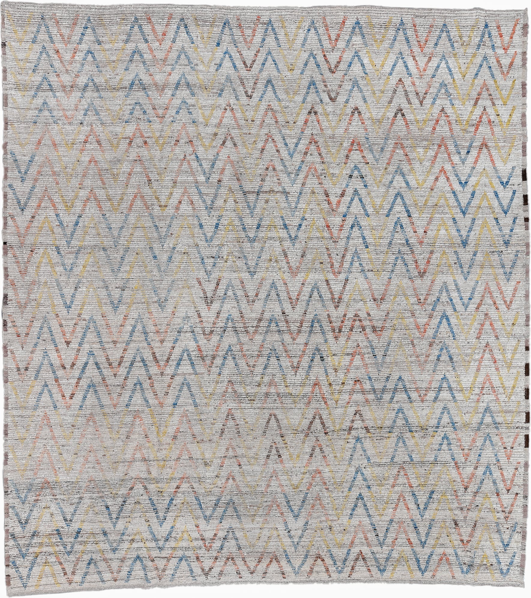 13' x 14' one-of-a-kind handmade vintage Tulu oversize rug. Color palette: ivory, sky blue, coral, yellow, taupe, brown